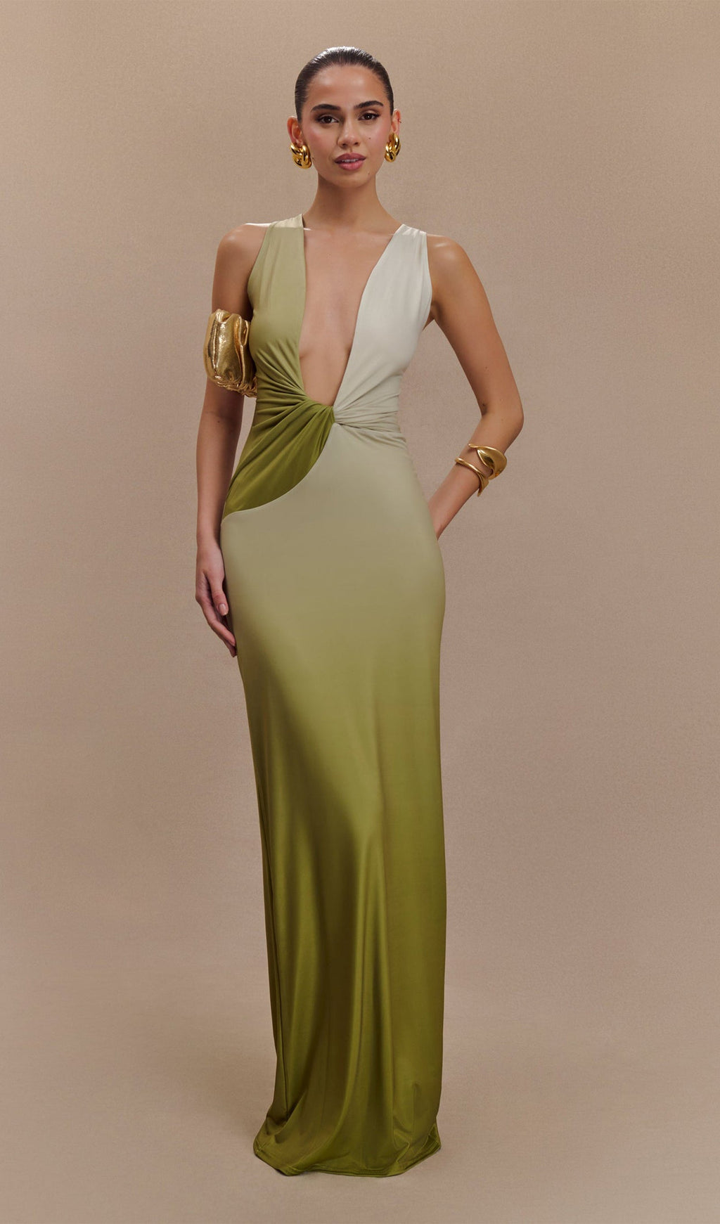 Drapeli Slinky Maxi Elbise Ombre Zeytin