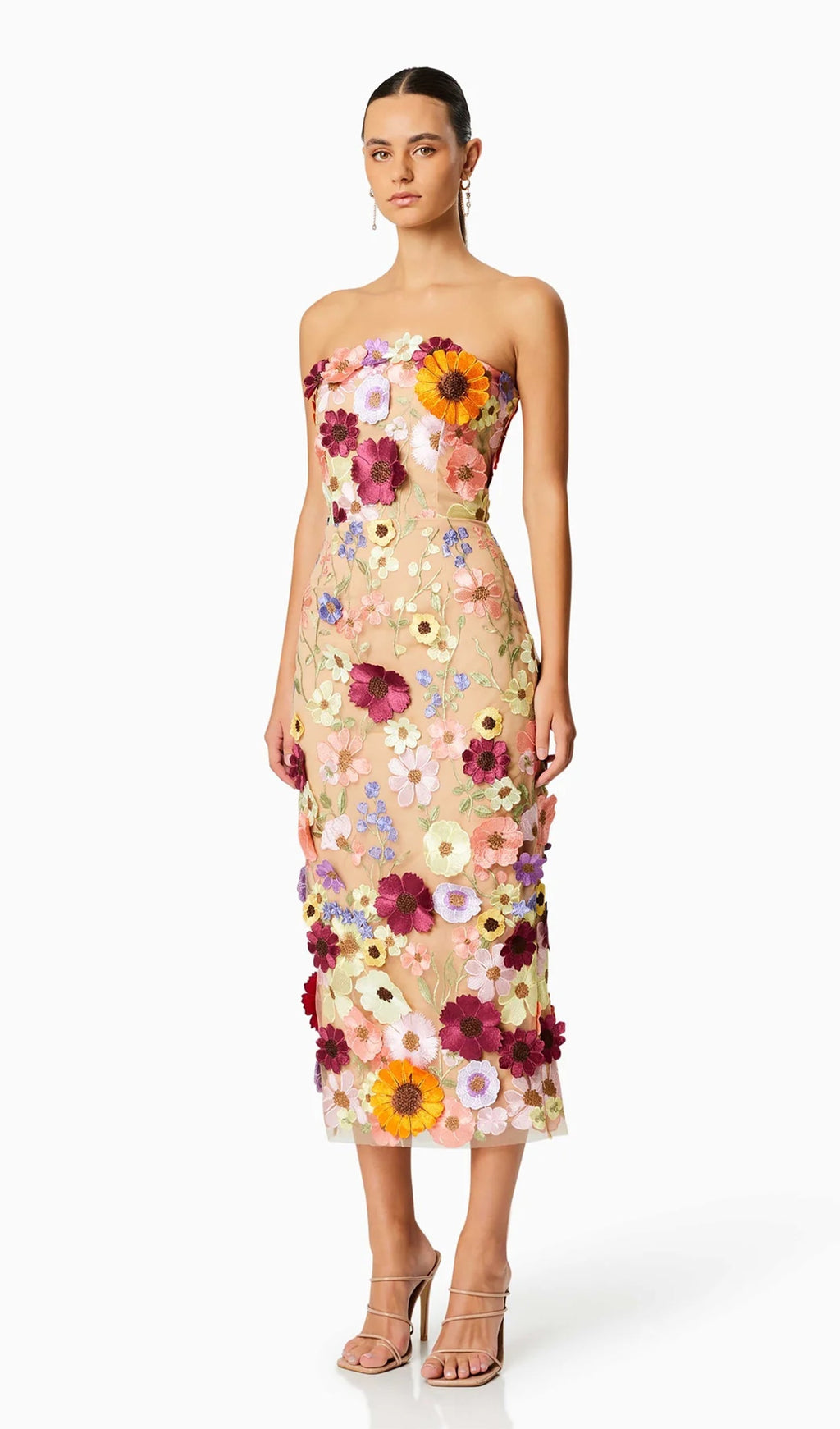 Çiçek İşlemeli Kolsuz Midi Elbise