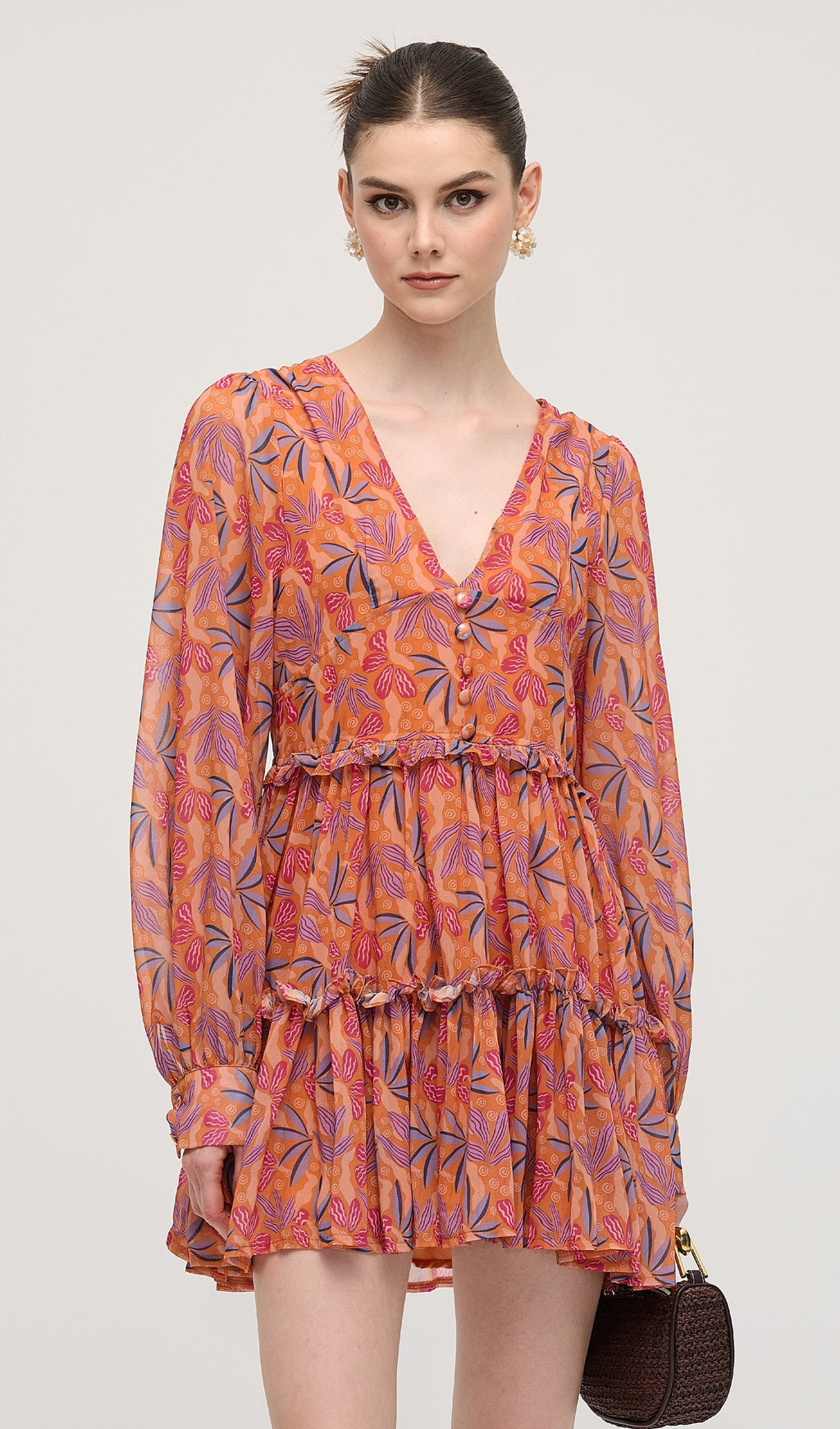 Çiçek Desenli V Yaka Fener Kollu Mini Elbise