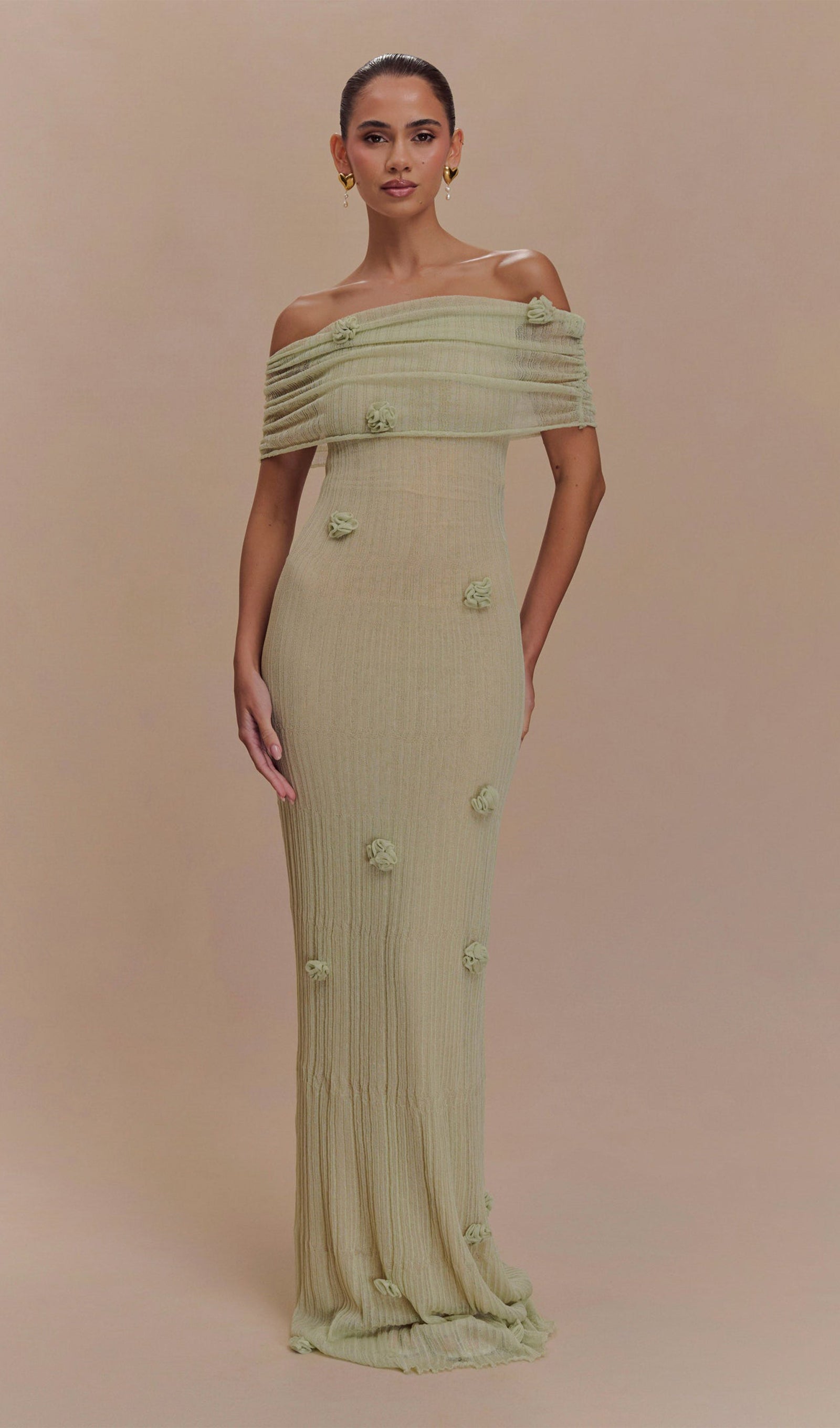 Pastel Yeşil Orkide Örgü Uzun Elbise