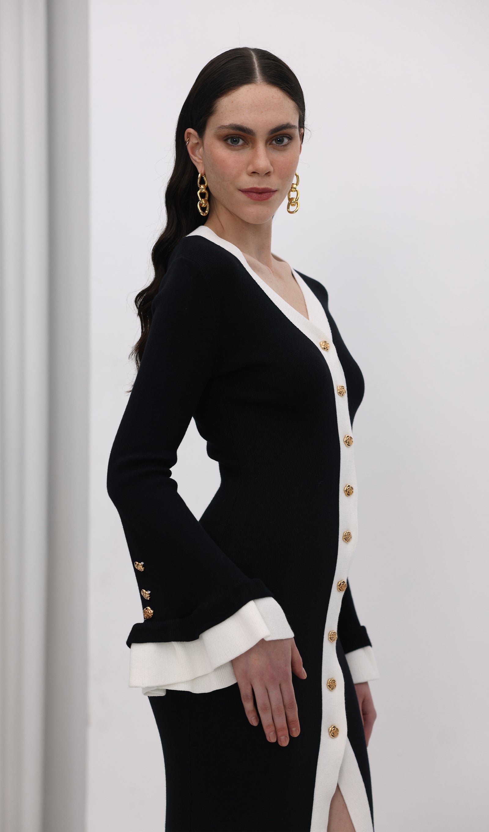 Örme Kontrast Manşetli Uzun Elbise