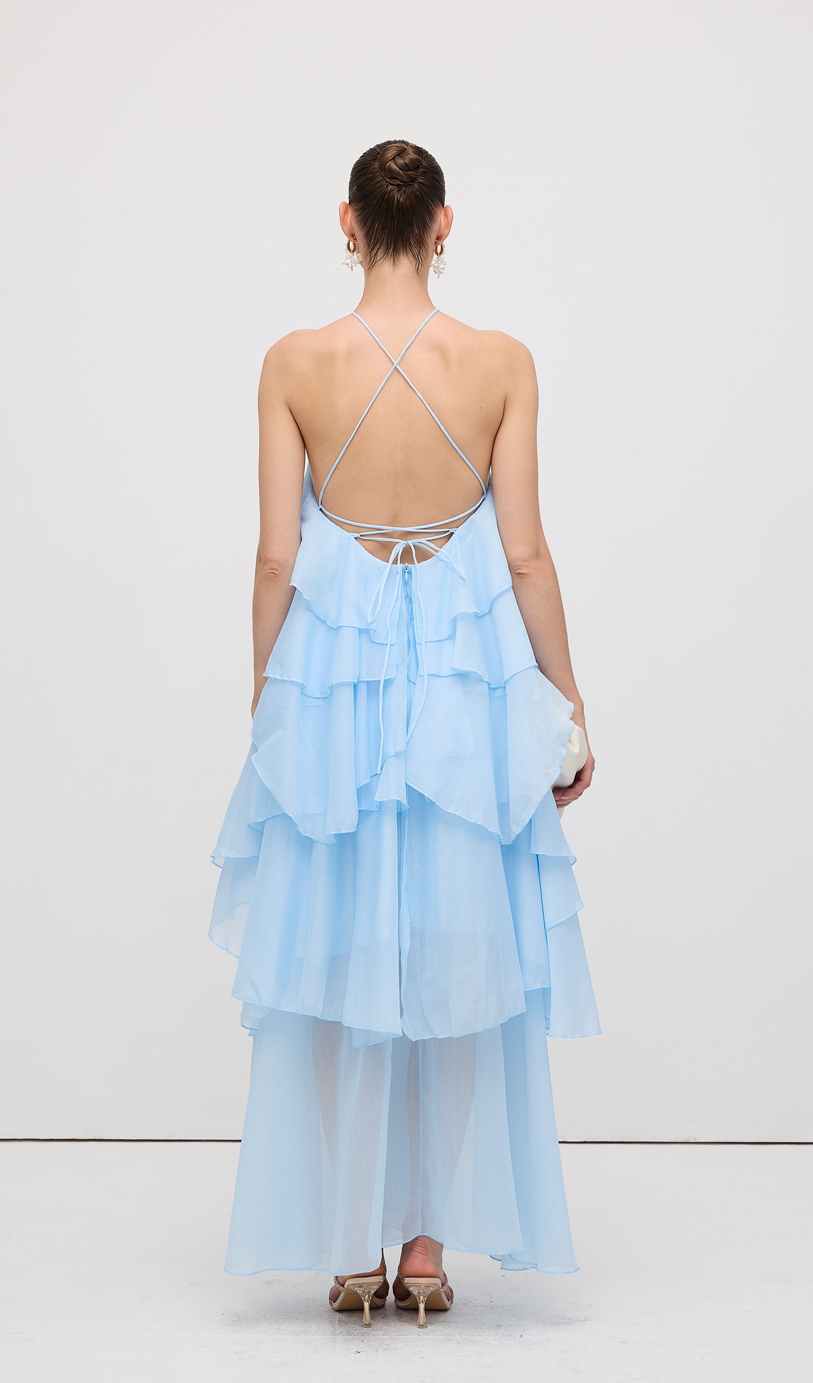 Askılı Katmanlı Uzun Elbise Mavi