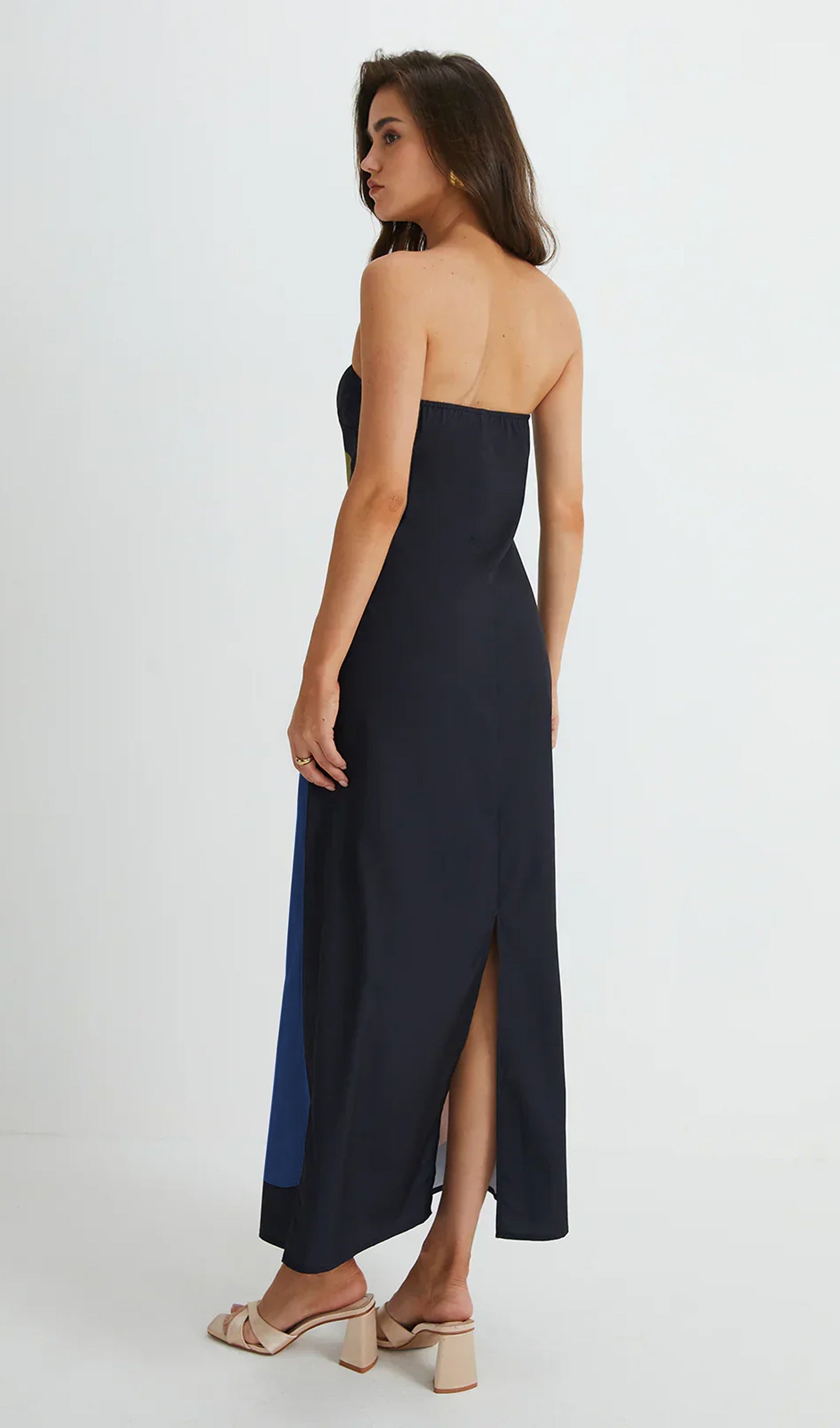 Omuz Açık Baskılı Mavi Yaz Midi Elbise