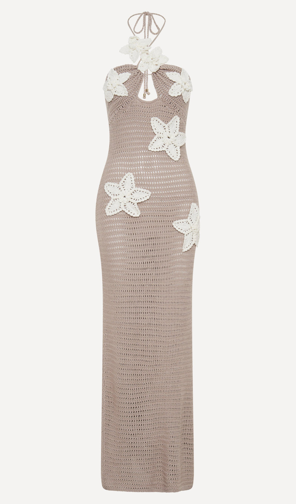 Çiçekli Tığ İşi Uzun Elbise Taupe