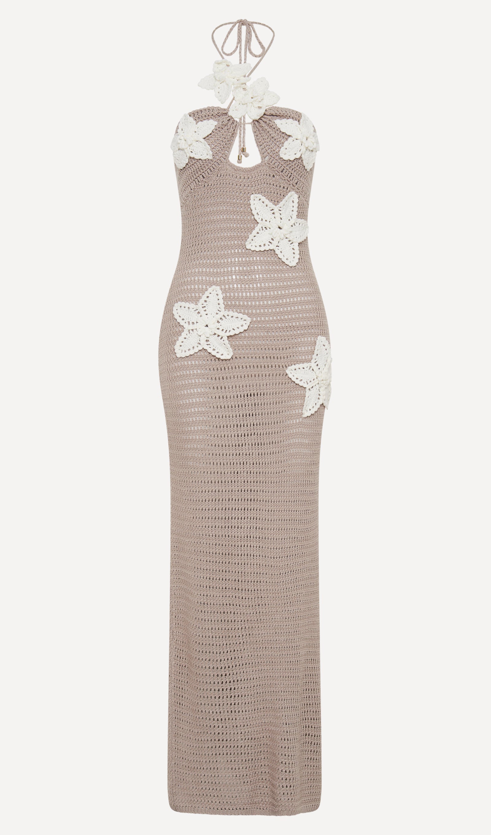 Çiçekli Tığ İşi Uzun Elbise Taupe