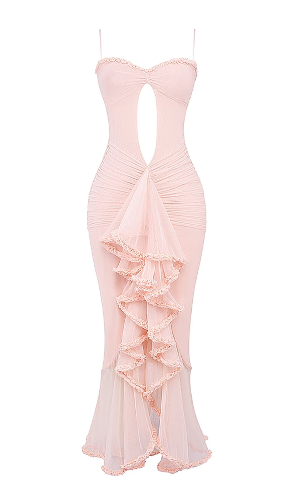 Önü Volanlı Uzun Elbise - Pembe