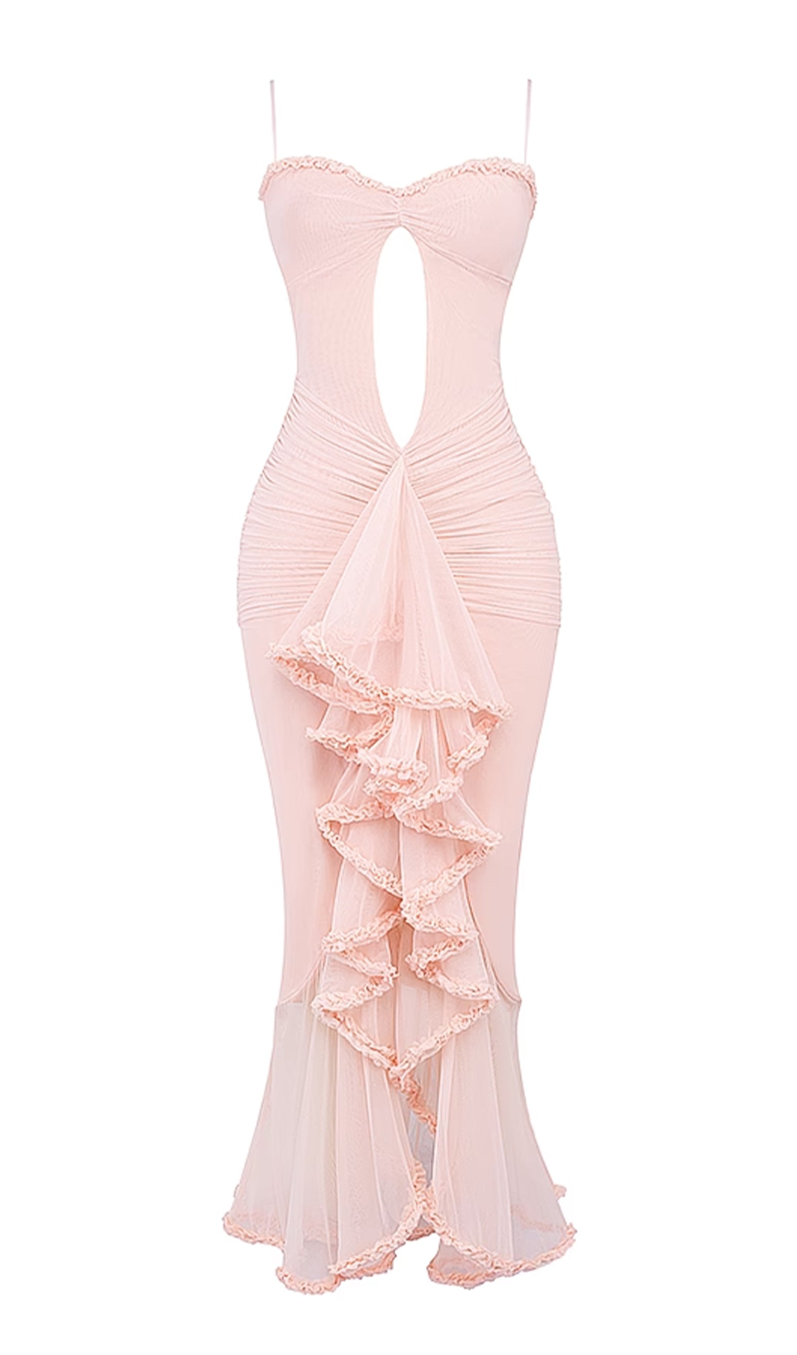 Önü Volanlı Uzun Elbise - Pembe