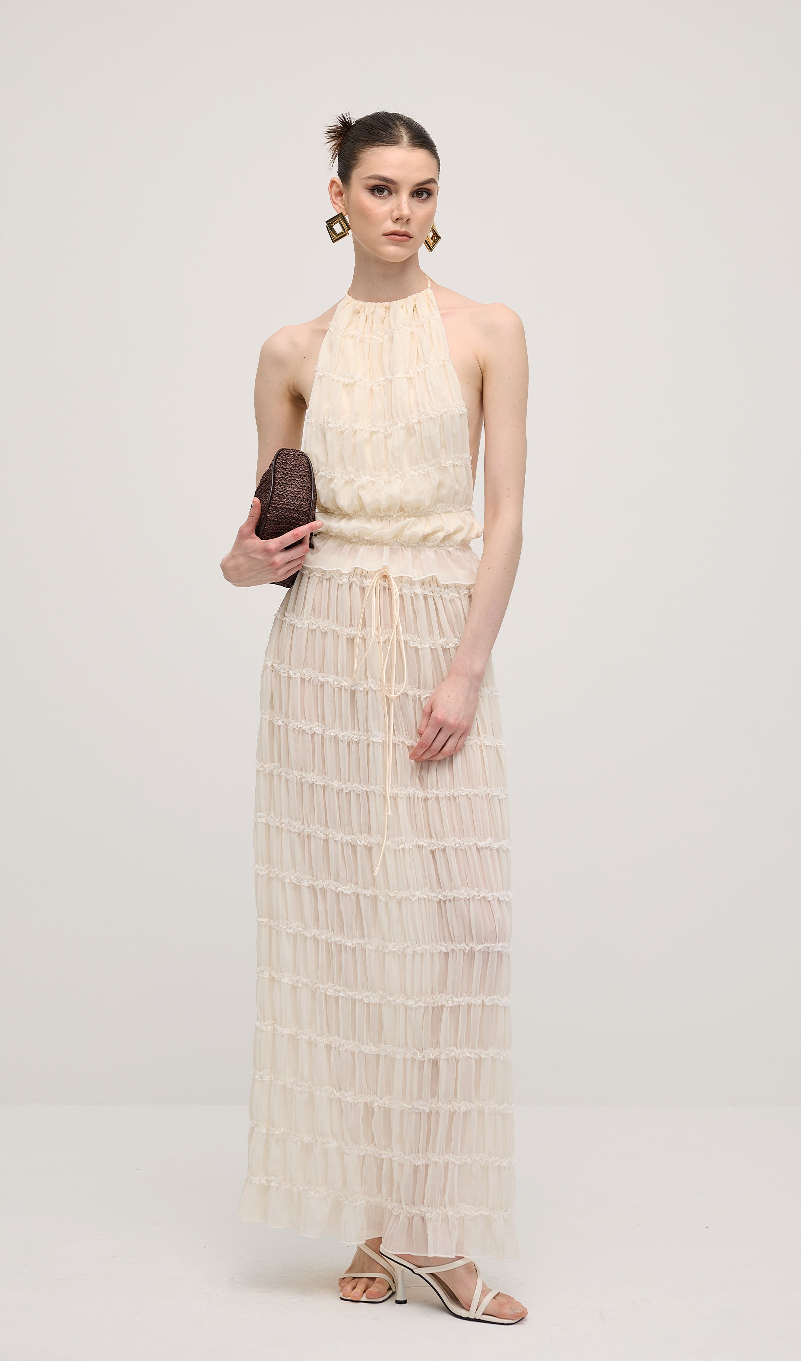 Beyaz Askılı Üst Ve Büzgülü Detaylı Uzun Etek Takımları