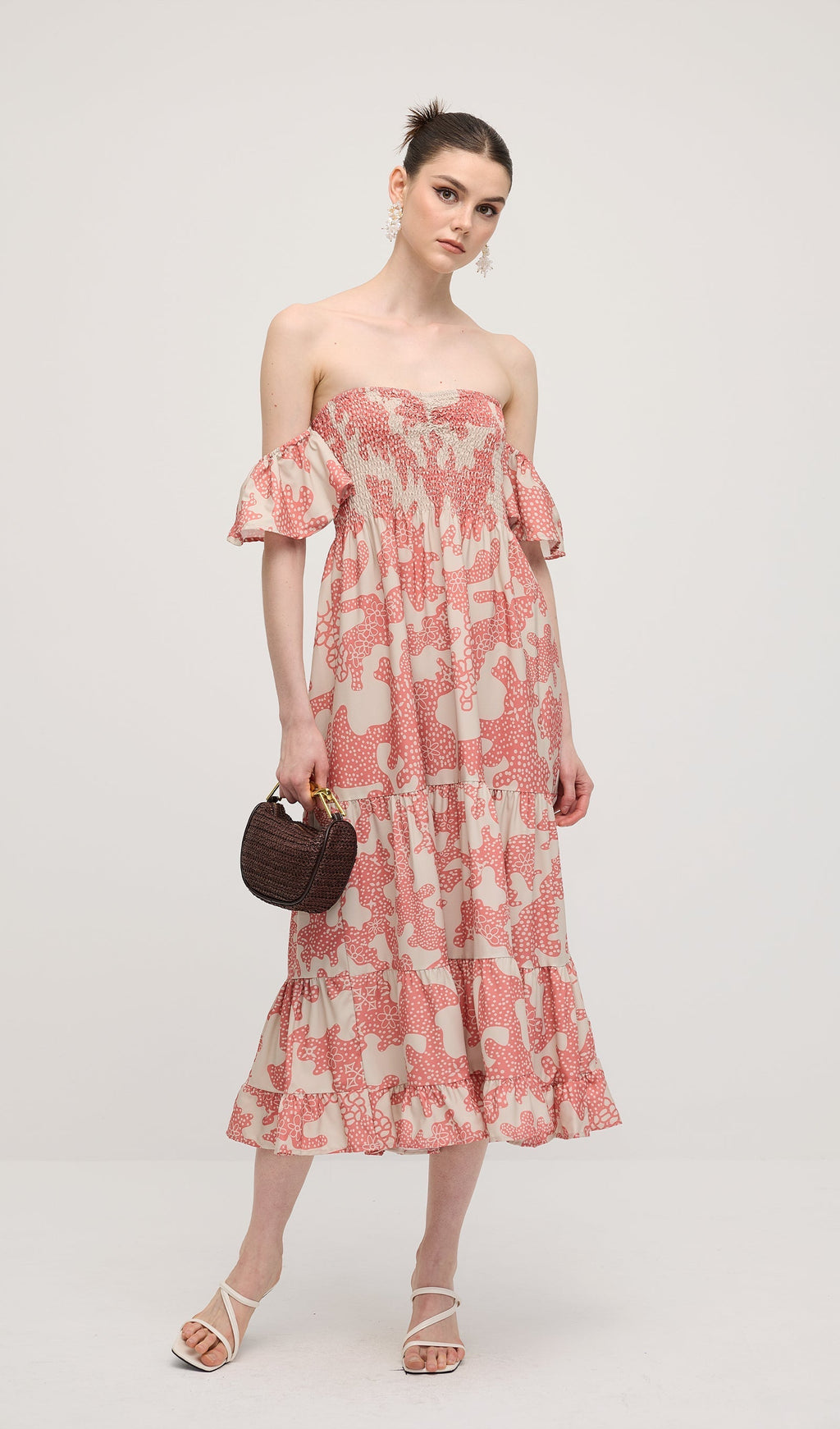 Omuz Açık Fırfırlı Baskılı Midi Elbise