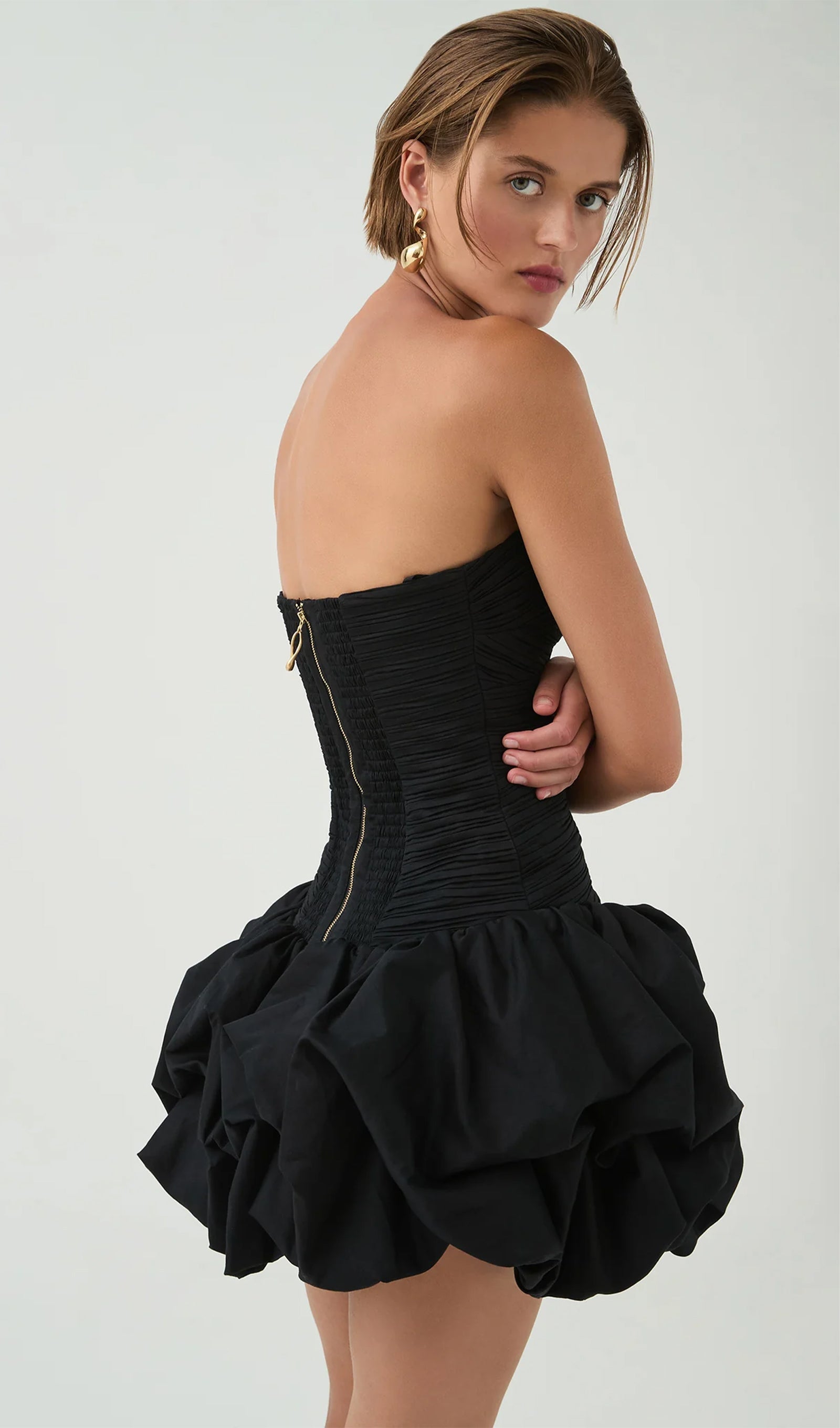 Siyah Büzgülü Balon Etek Mini Elbise