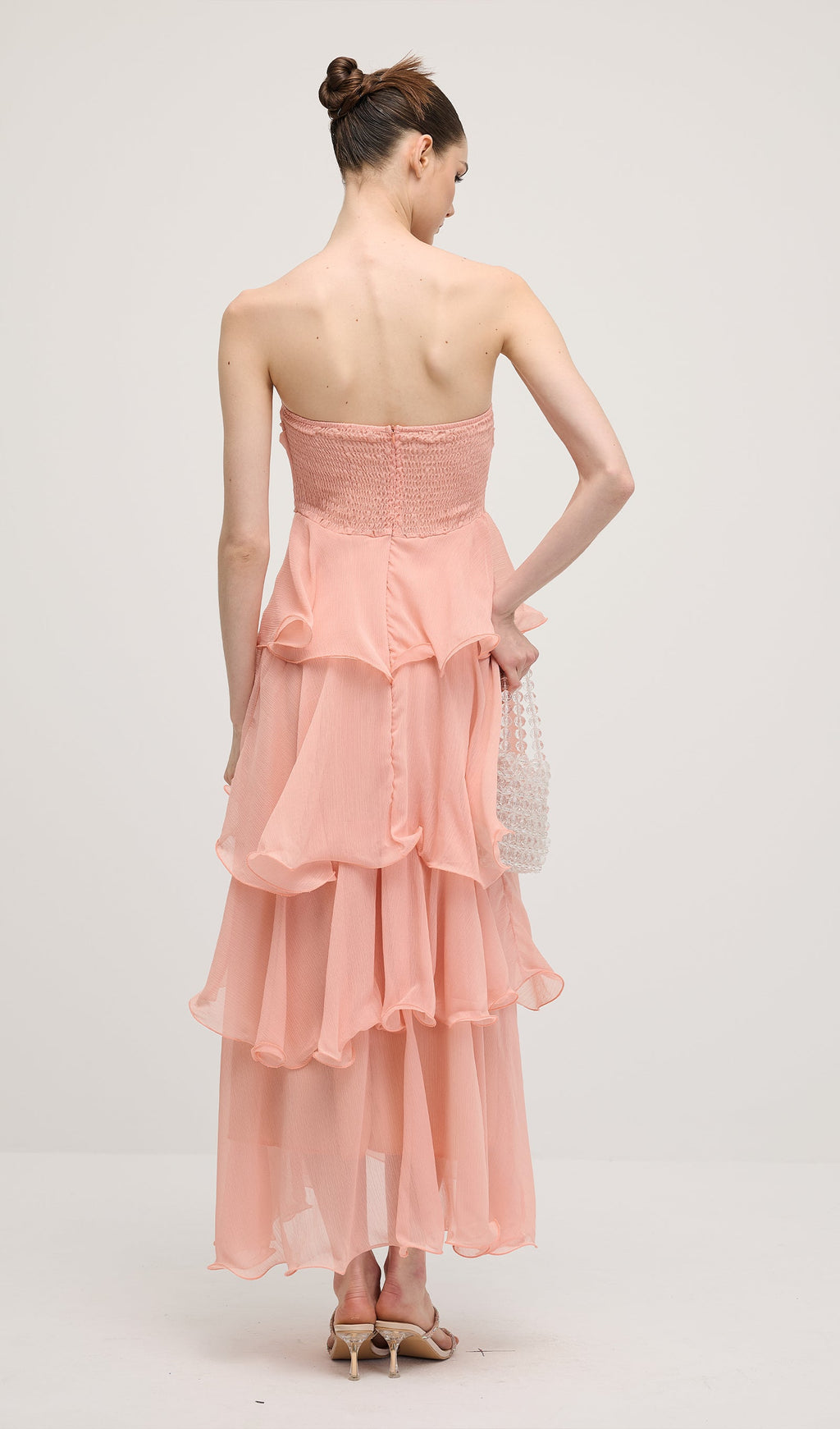 Pembe Straplez Katmanlı Midi Elbise