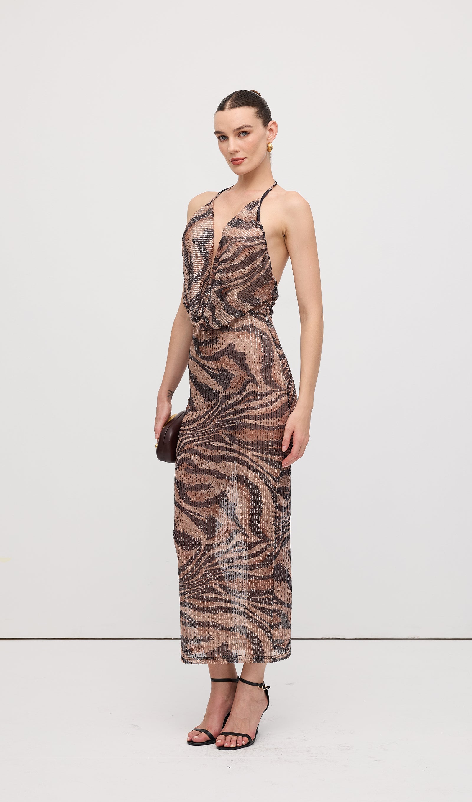 Halter Taşlı Uzun Elbise