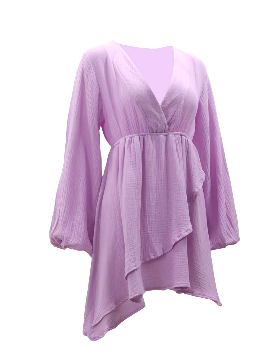 Kemersiz V Yaka Fener Kollu Mini Elbise