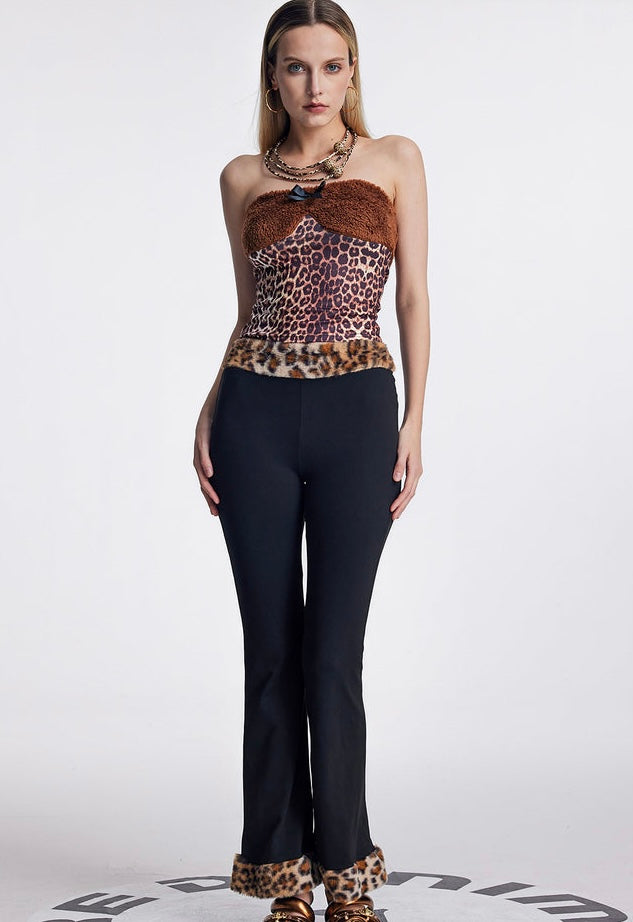 FEROXA Leopar Detaylı Straplez Üst ve Paça Kürklü Pantolon Takım