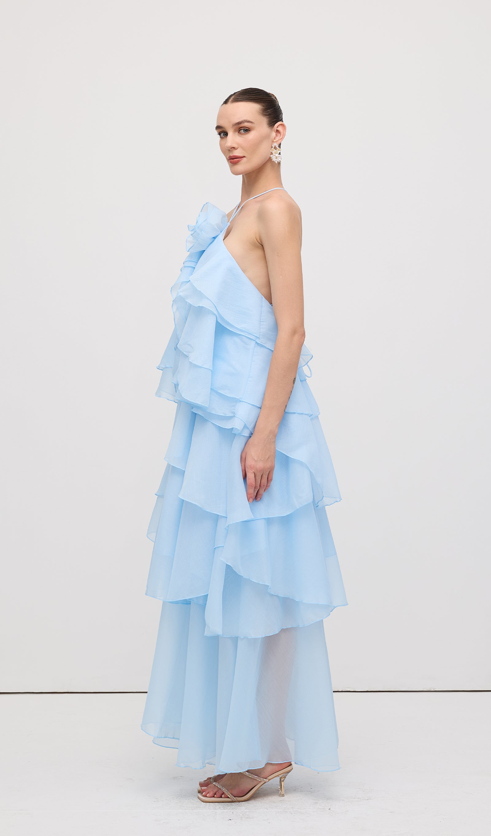 Askılı Katmanlı Uzun Elbise Mavi