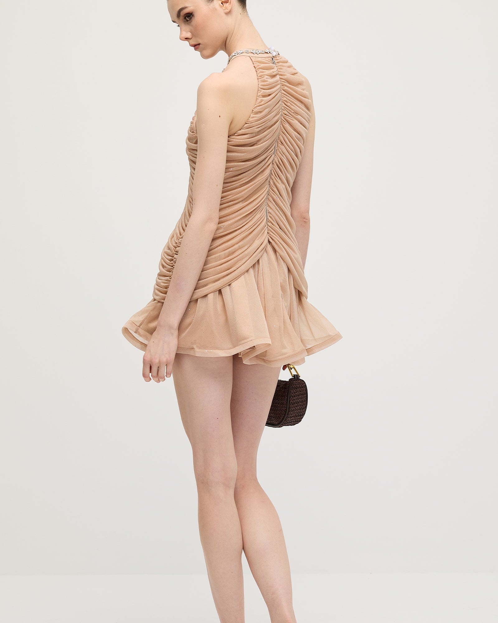 Kayısı Rengi Süslemeli Büzgülü Mini Elbise