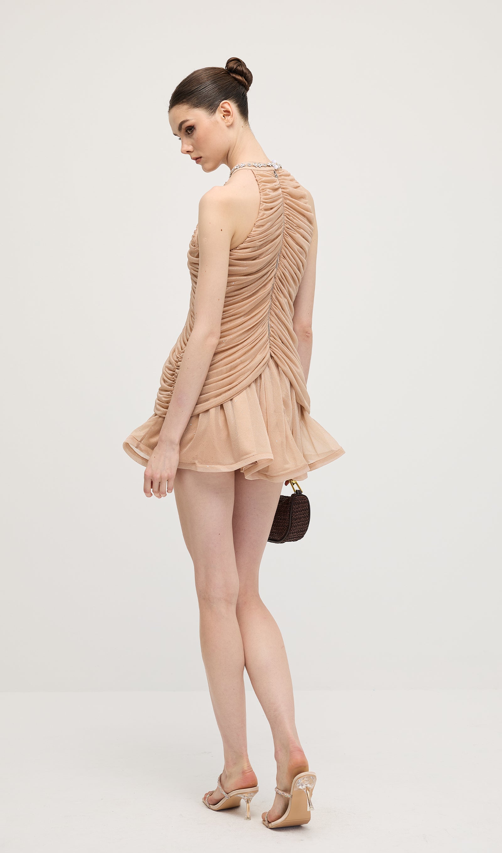 Kayısı Rengi Süslemeli Büzgülü Mini Elbise