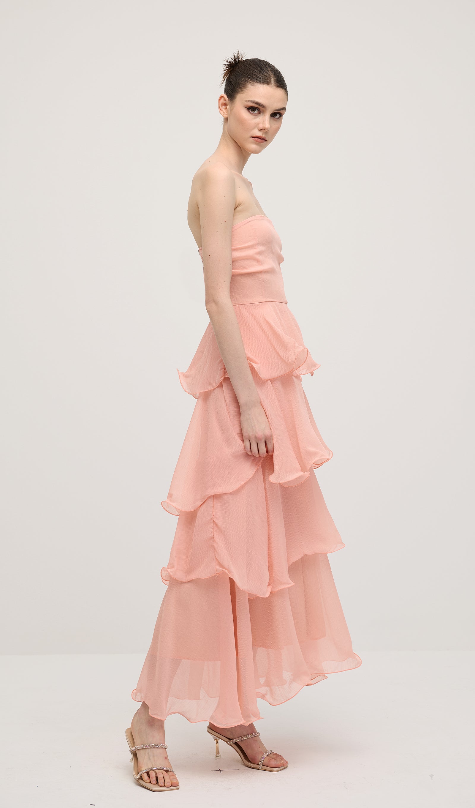 Pembe Straplez Katmanlı Midi Elbise