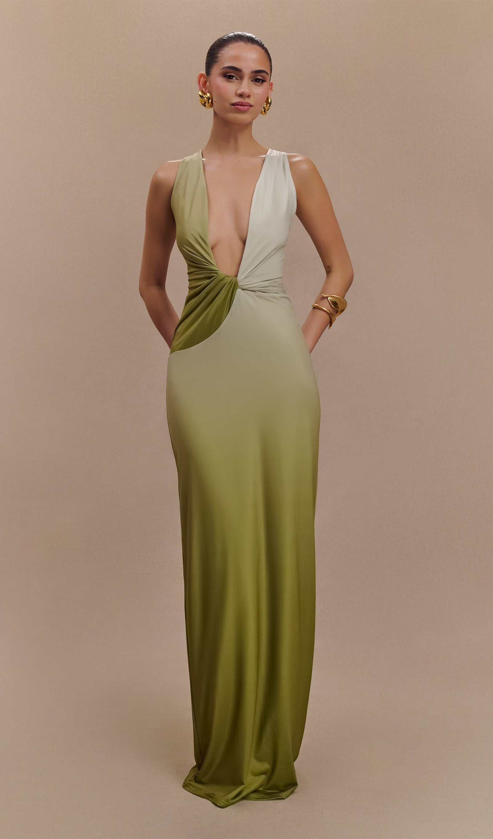 Drapeli Slinky Maxi Elbise Ombre Zeytin