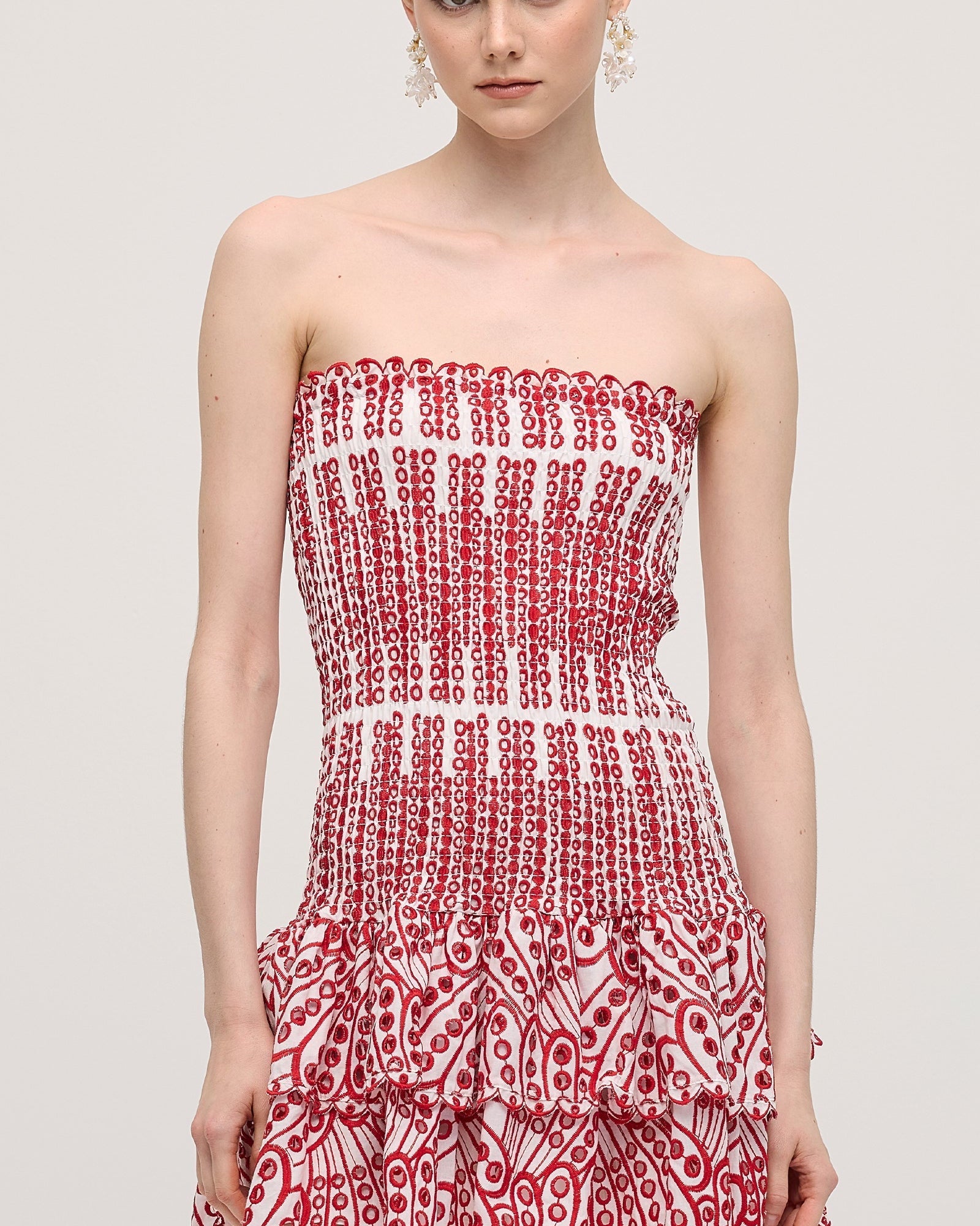 Kırmızı İşlemeli Mini Pamuklu Elbise