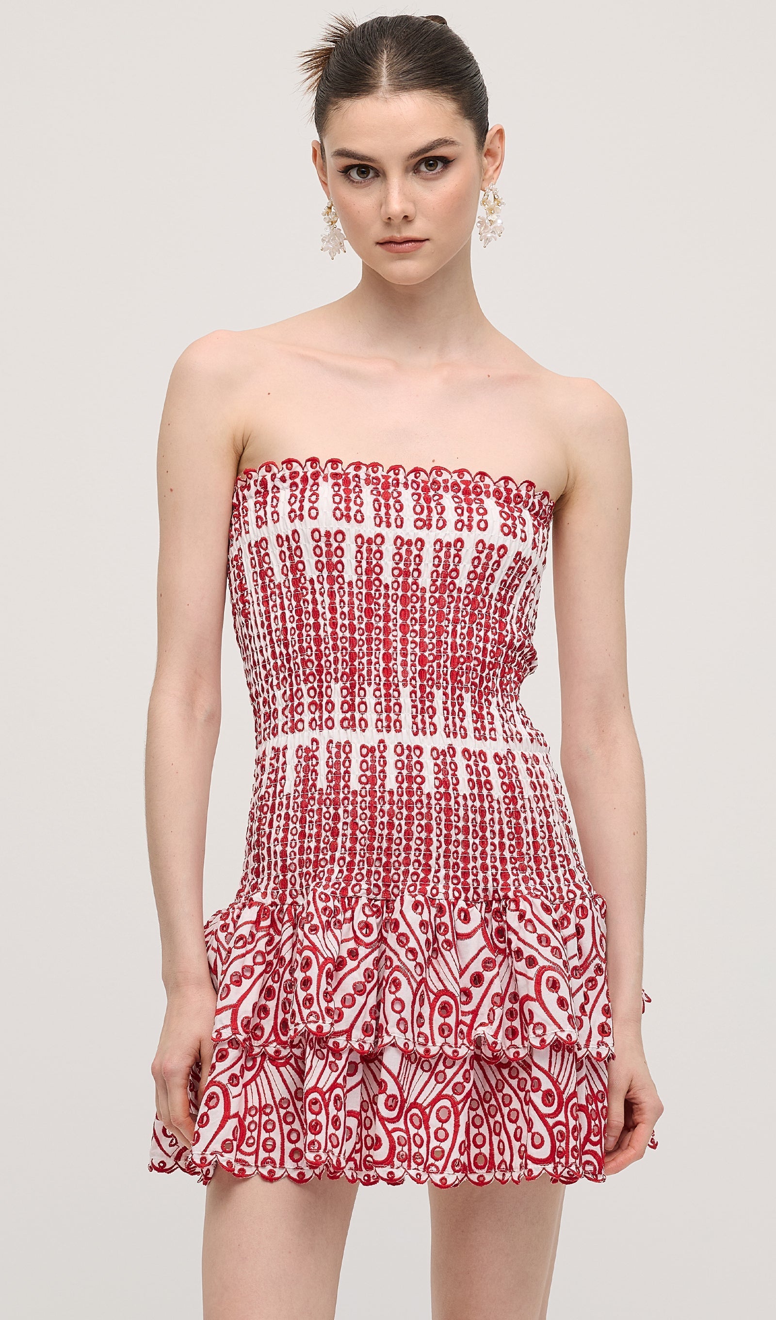 Kırmızı İşlemeli Mini Pamuklu Elbise