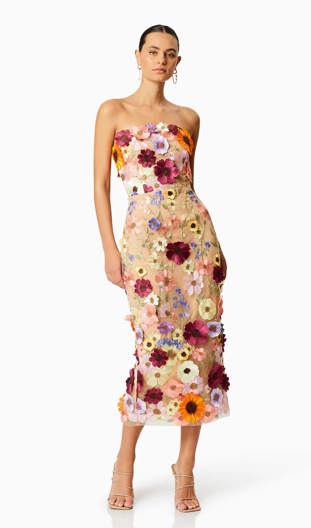 Çiçek İşlemeli Kolsuz Midi Elbise