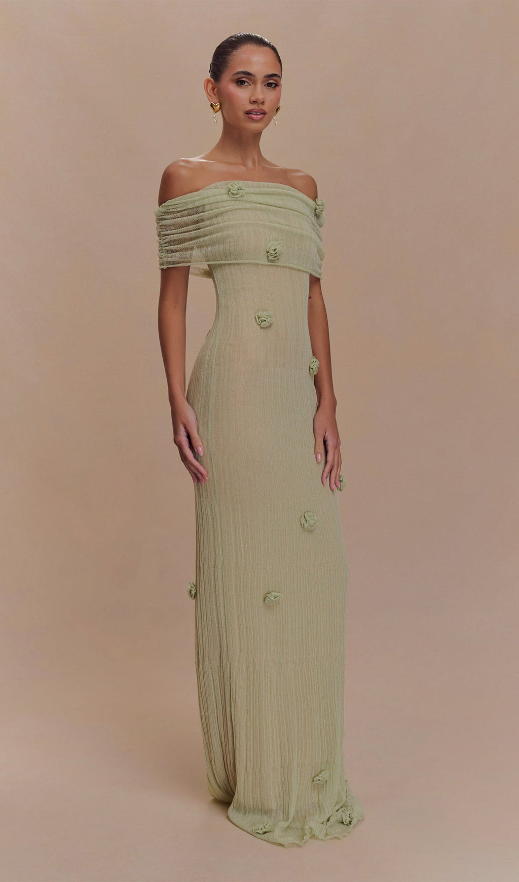 Pastel Yeşil Orkide Örgü Uzun Elbise