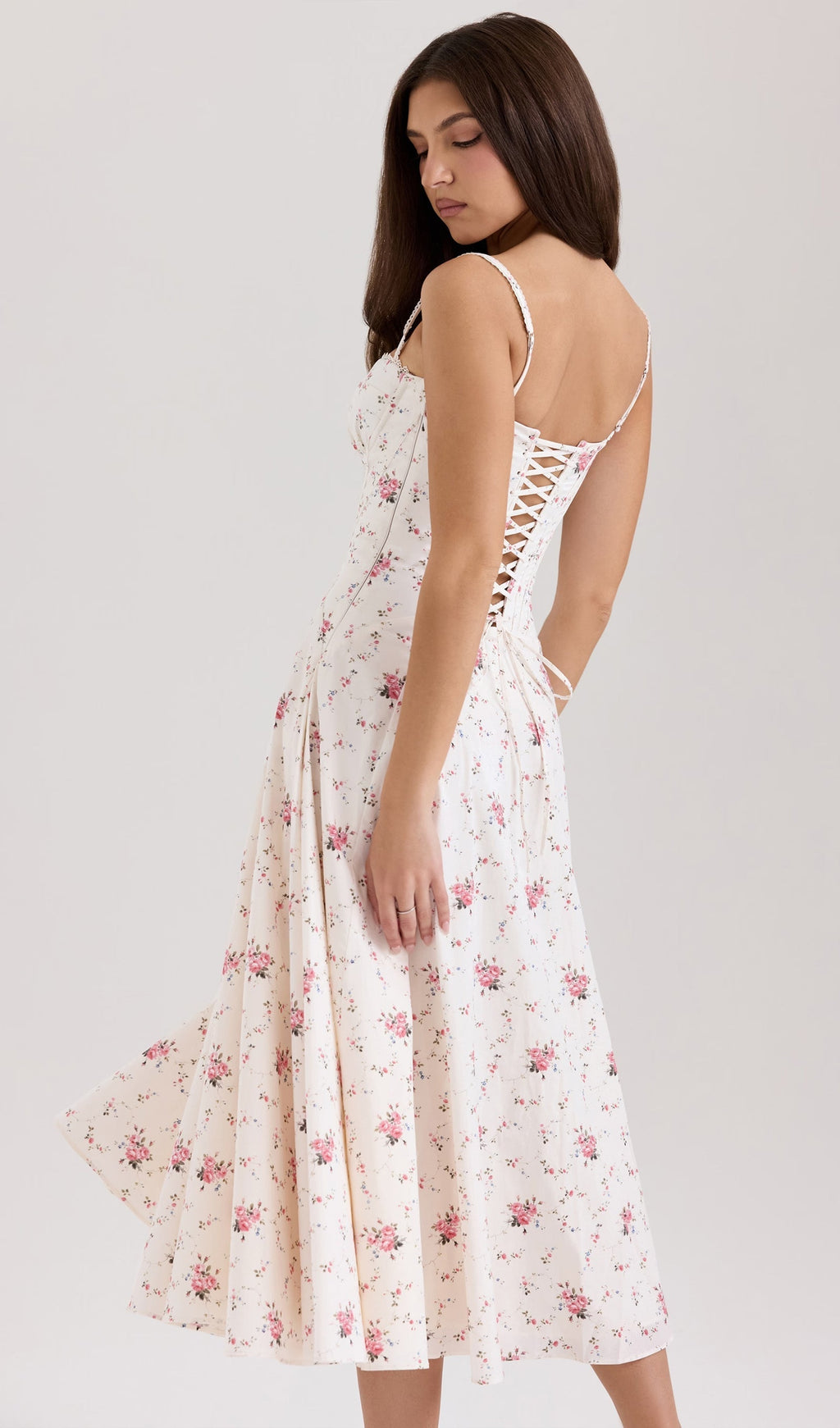 Beyaz Çiçekli Streç Pamuklu Midi Elbise