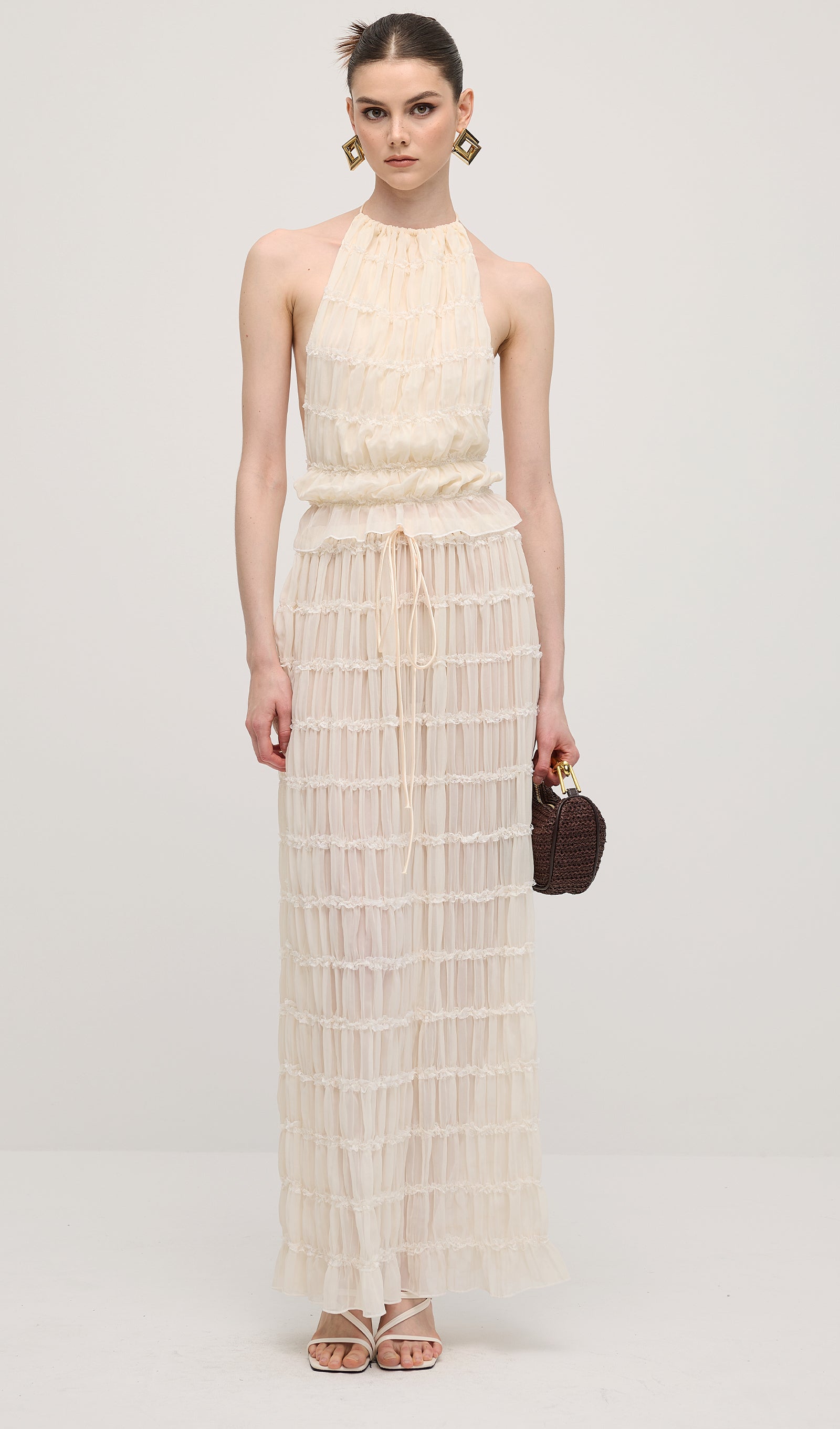 Beyaz Askılı Üst Ve Büzgülü Detaylı Uzun Etek Takımları