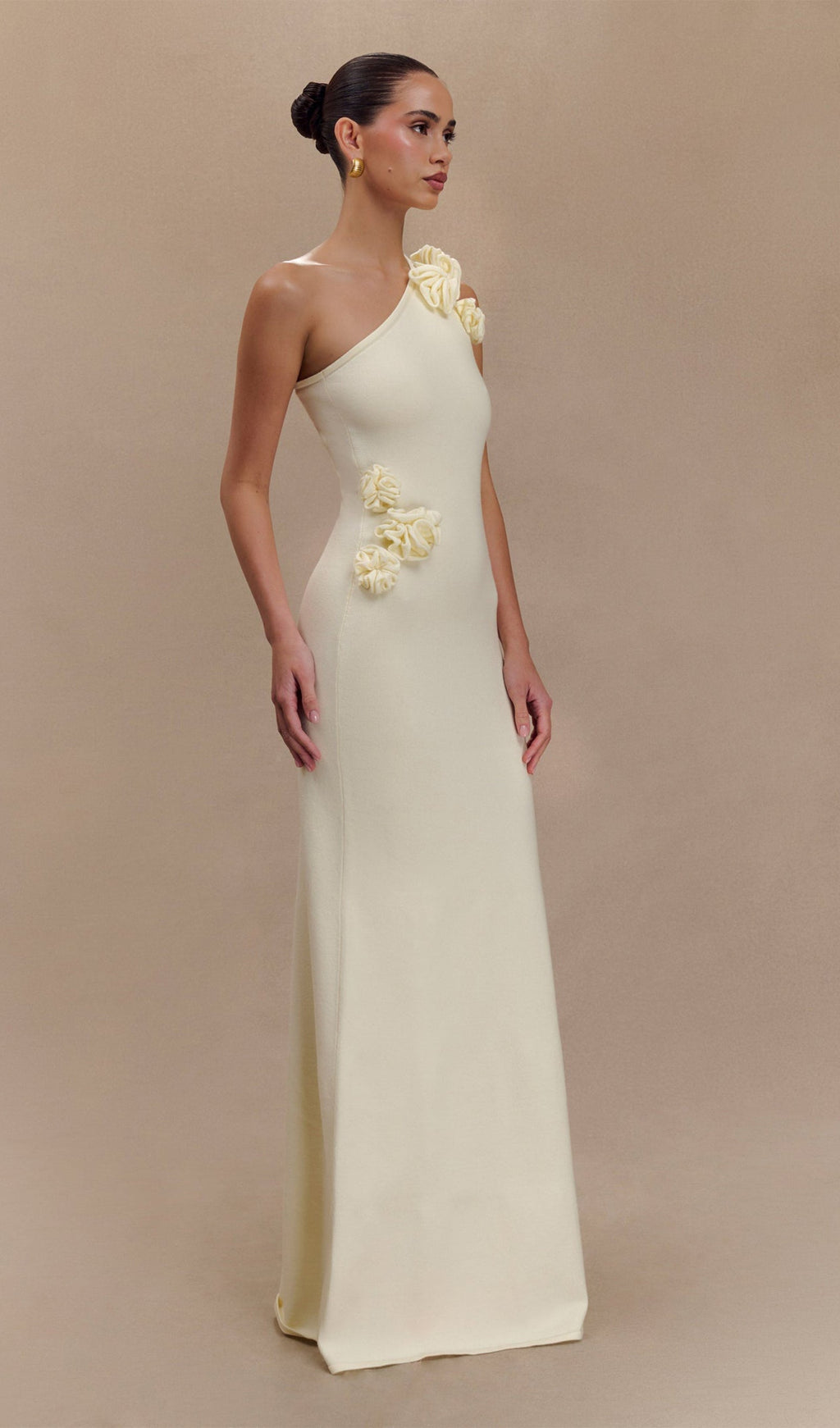 Tek Omuzlu Çiçekli Örme Uzun Elbise