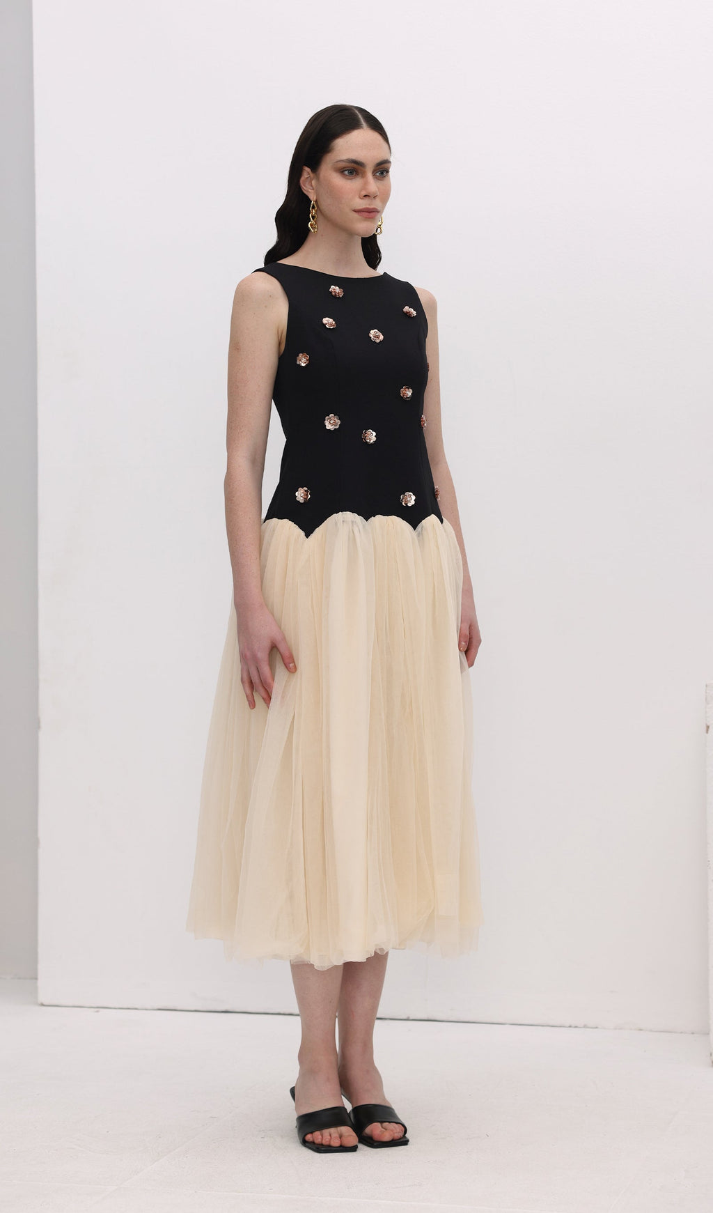 Vintage Kontrast Tül Midi Elbise