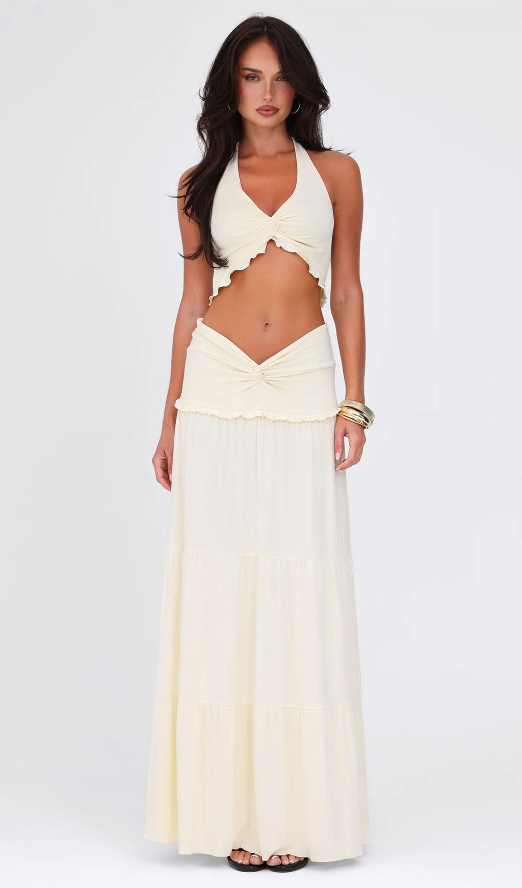 Askılı Üst Ve Bükümlü Fırfırlı Uzun Etek Takımları