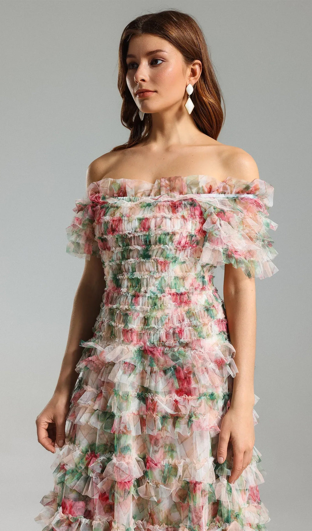 Omuz Açık Çiçekli Volanlı File Uzun Elbise