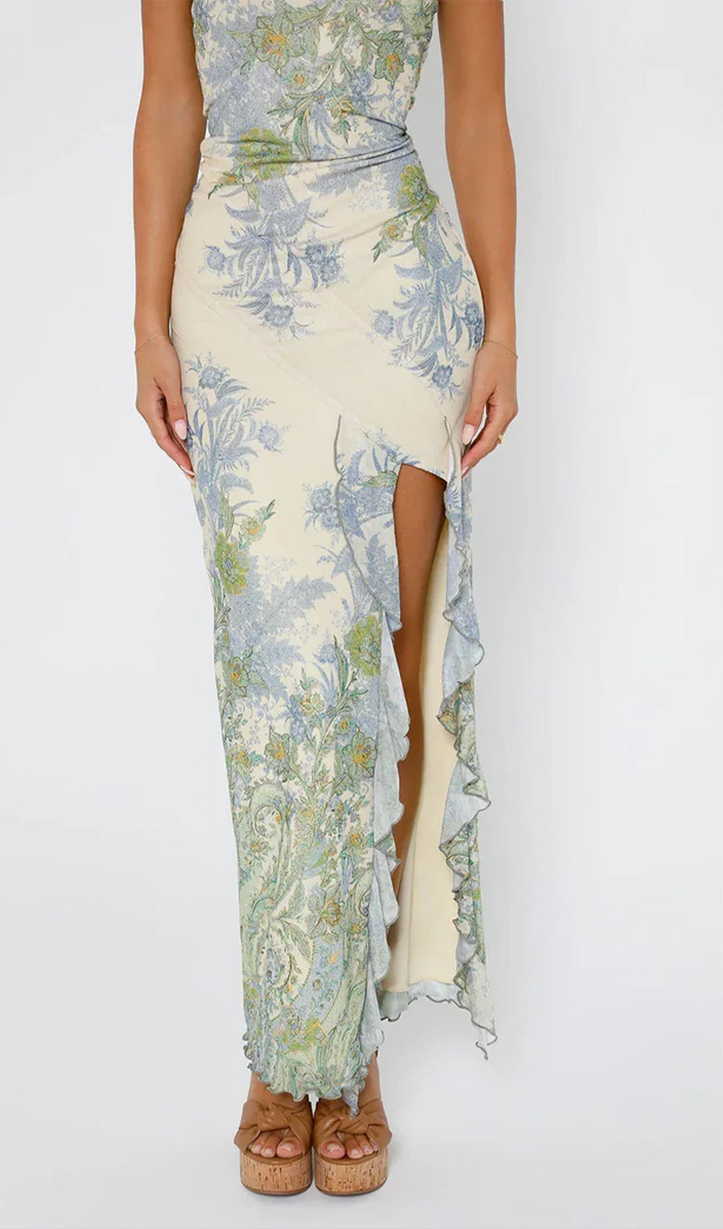 Baskılı Straplez Yırtmaçlı Midi Elbise