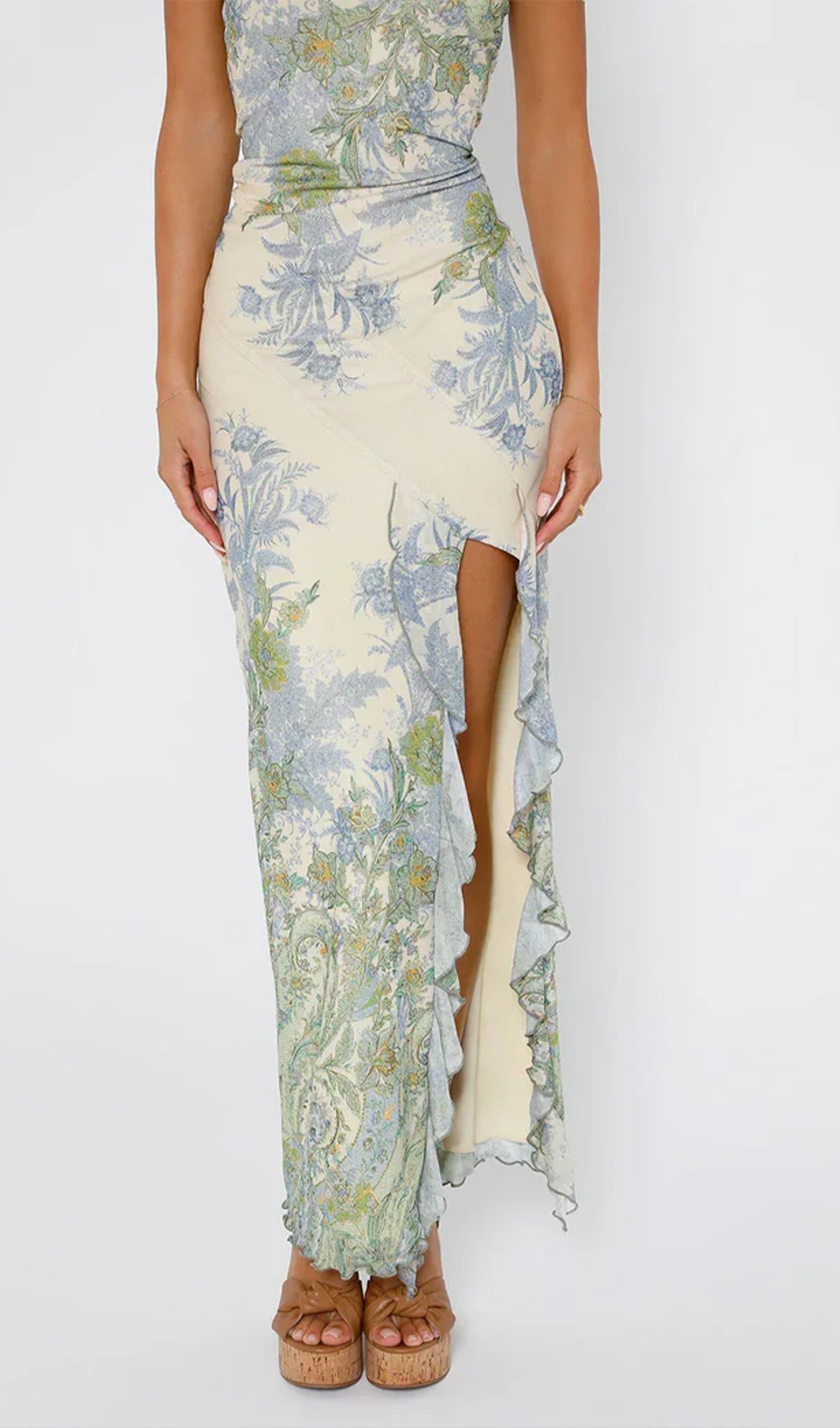 Baskılı Straplez Yırtmaçlı Midi Elbise