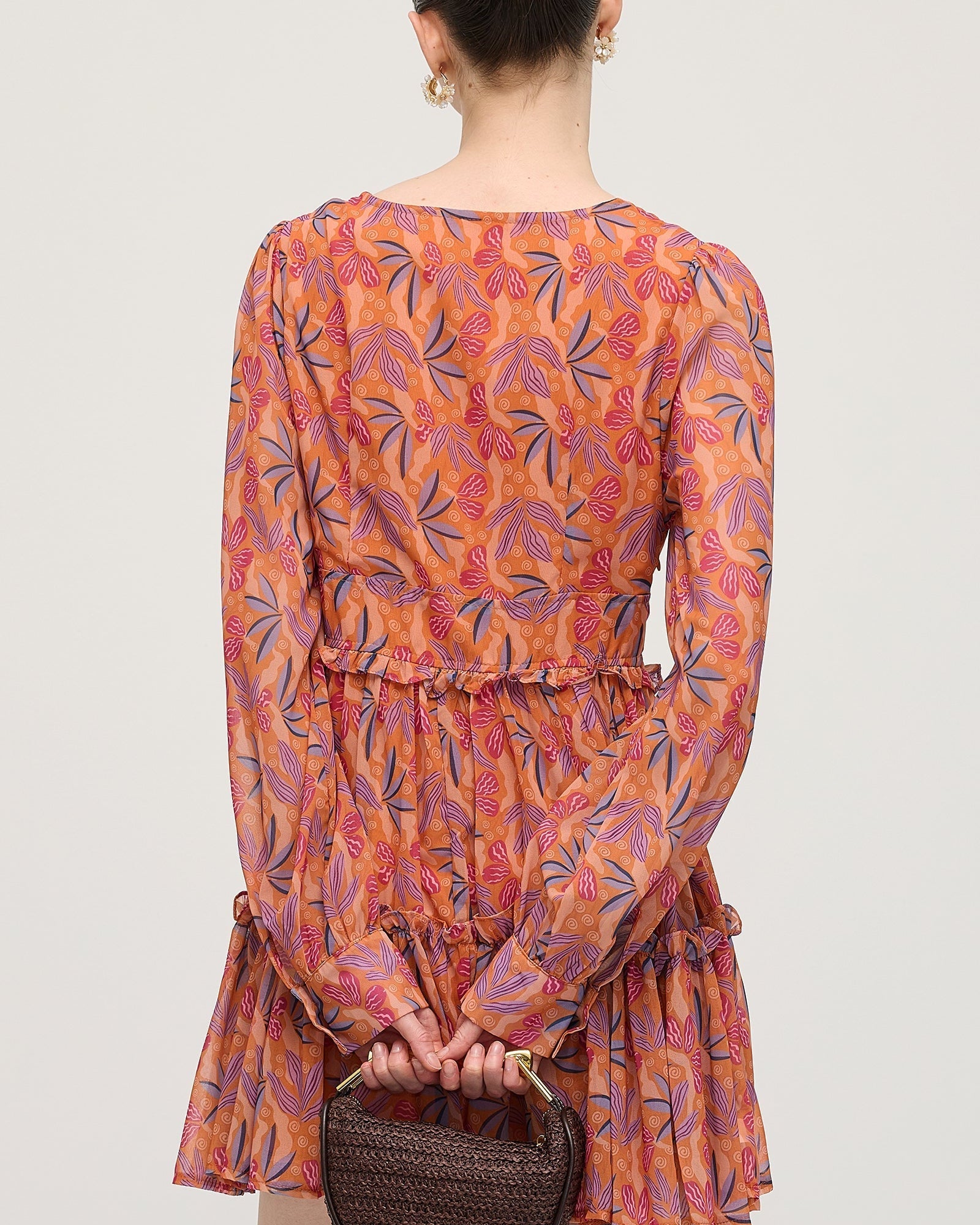 Çiçek Desenli V Yaka Fener Kollu Mini Elbise