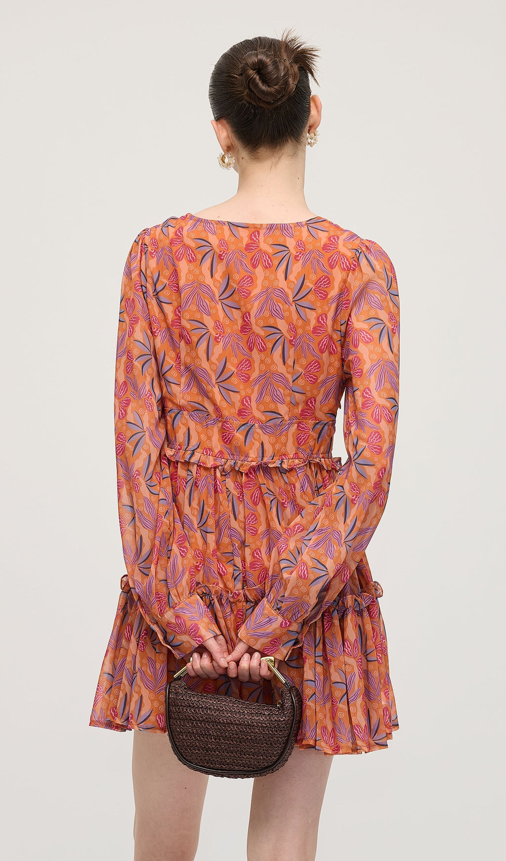 Çiçek Desenli V Yaka Fener Kollu Mini Elbise