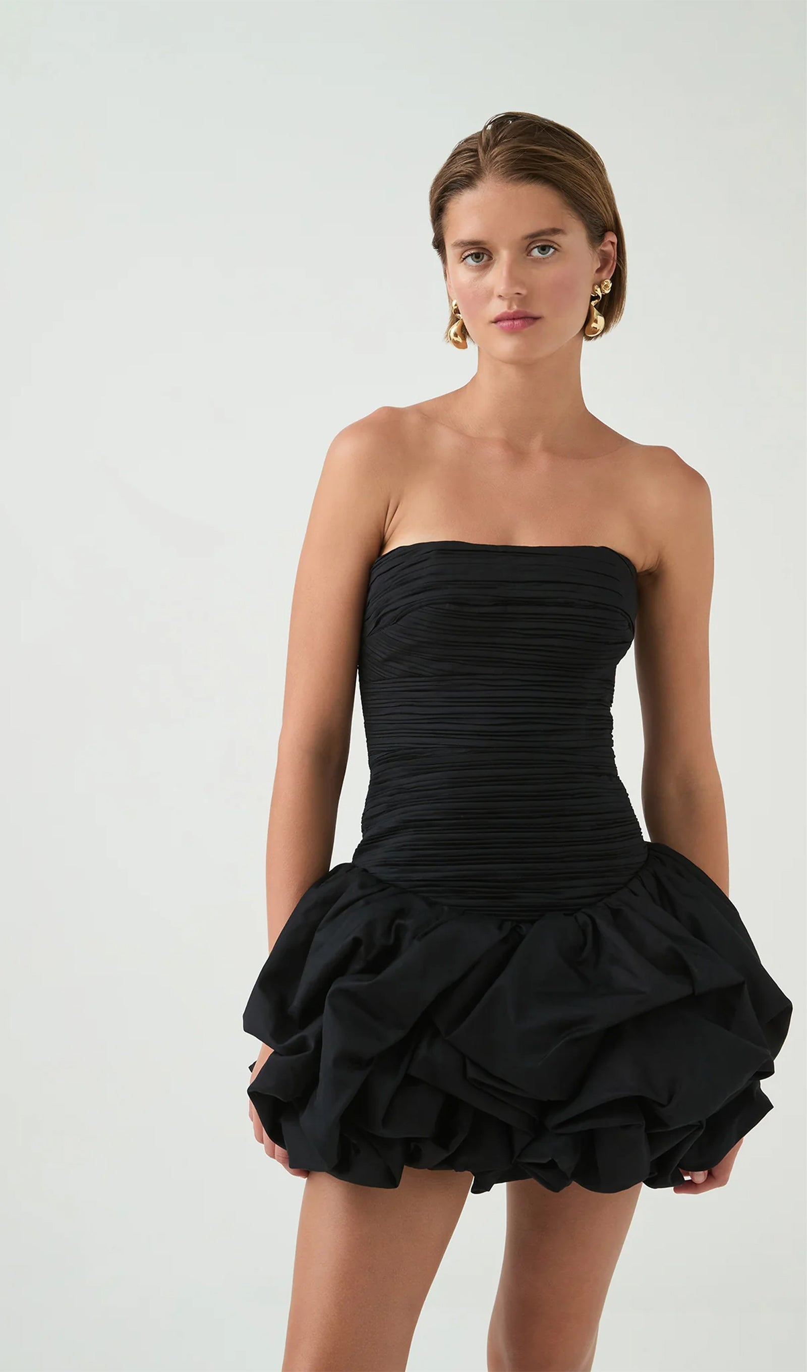 Siyah Büzgülü Balon Etek Mini Elbise