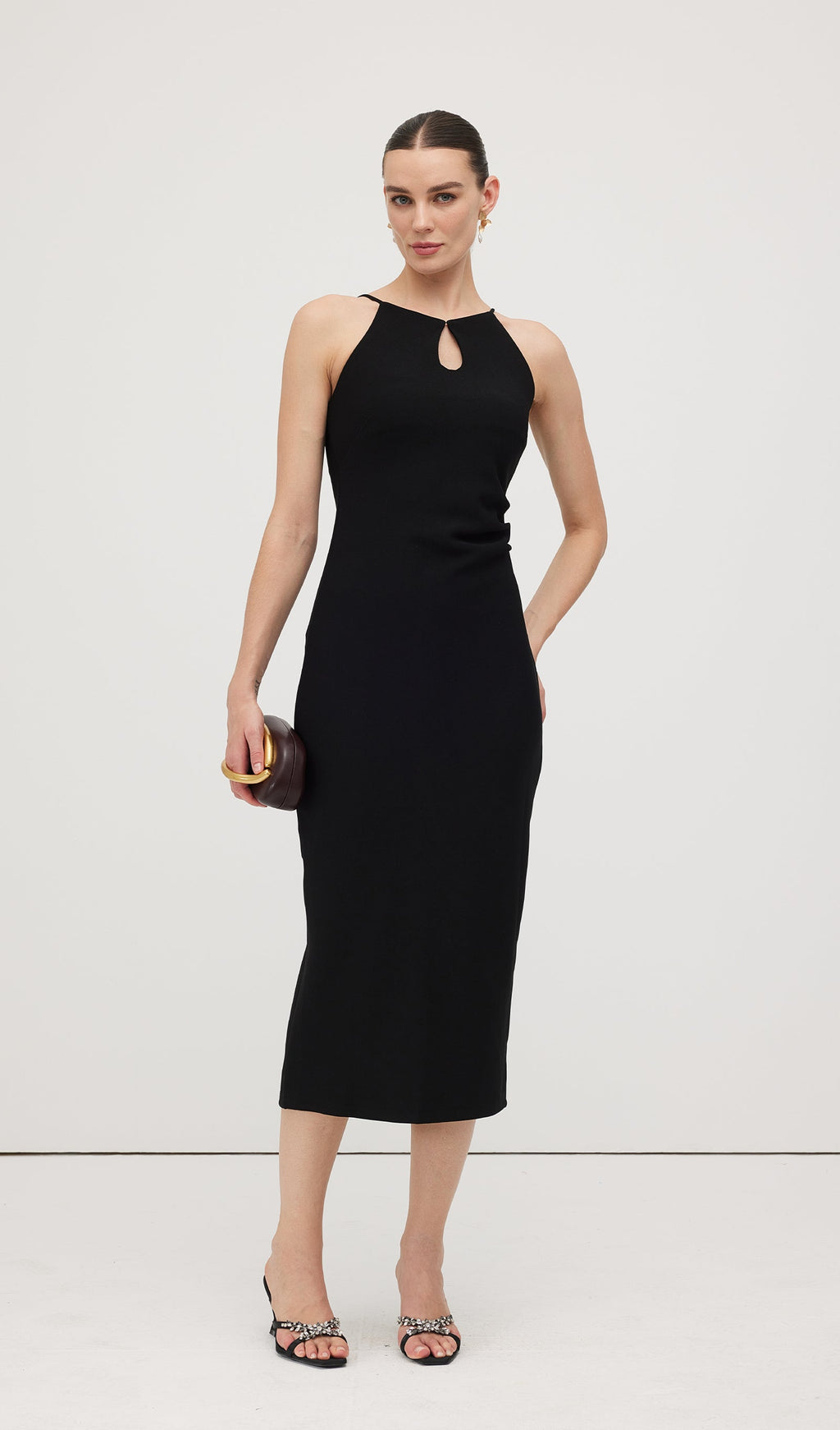 Düz Anahtar Deliği Kesimli Midi Elbise