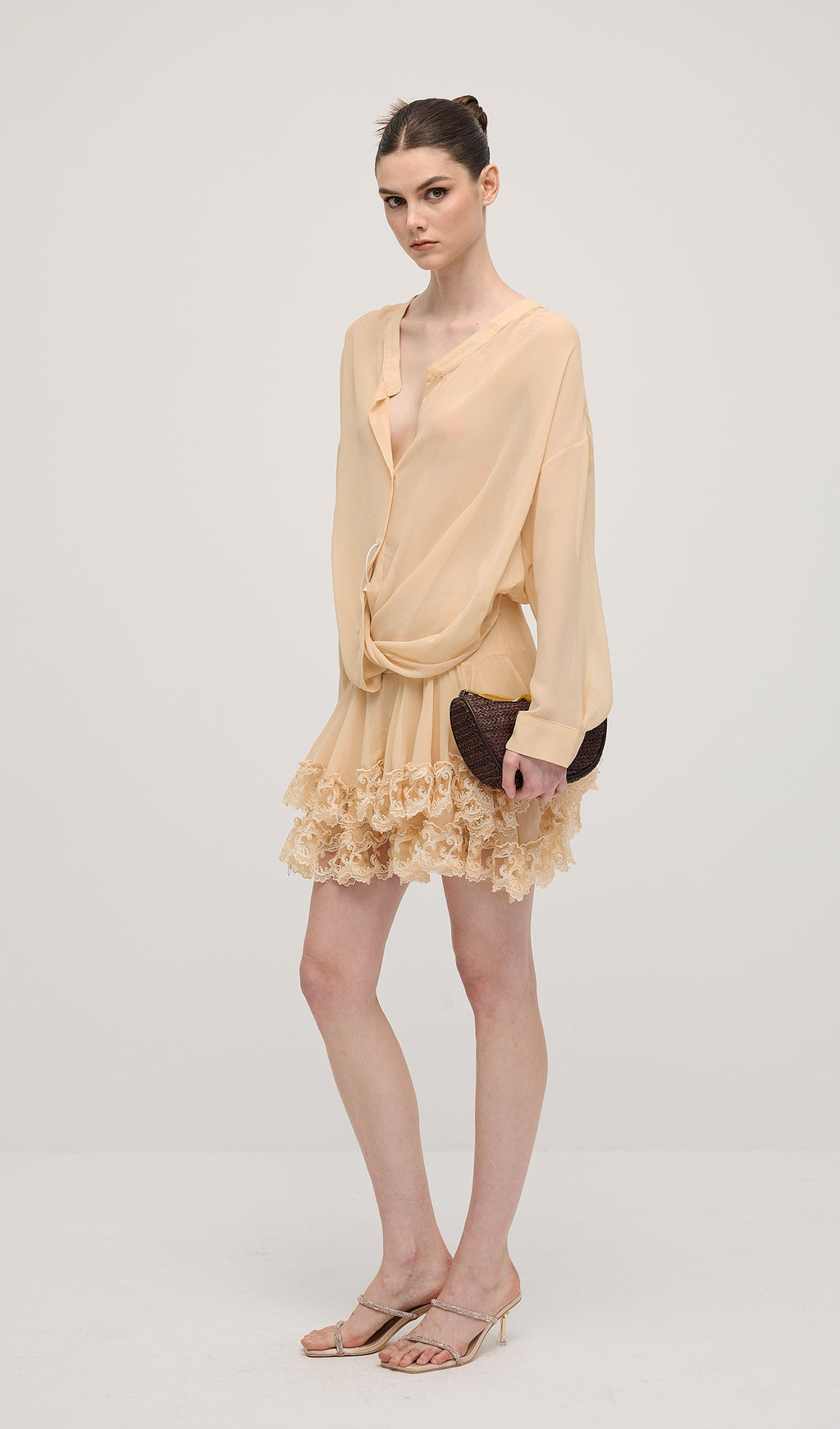 Uzun Kollu Katlı Mini Elbise