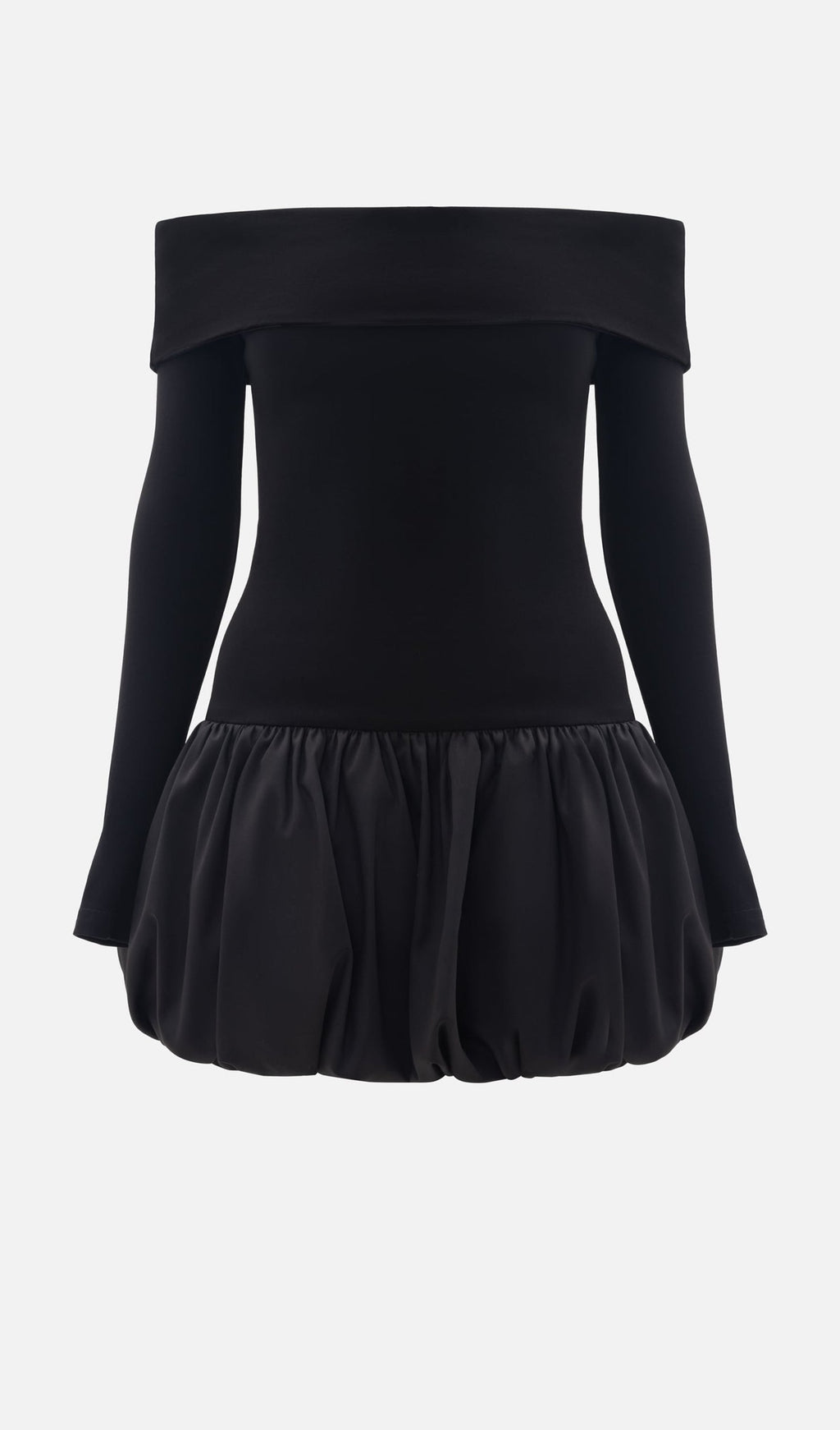 Açık Omuzlu Balon Mini Elbise-Siyah