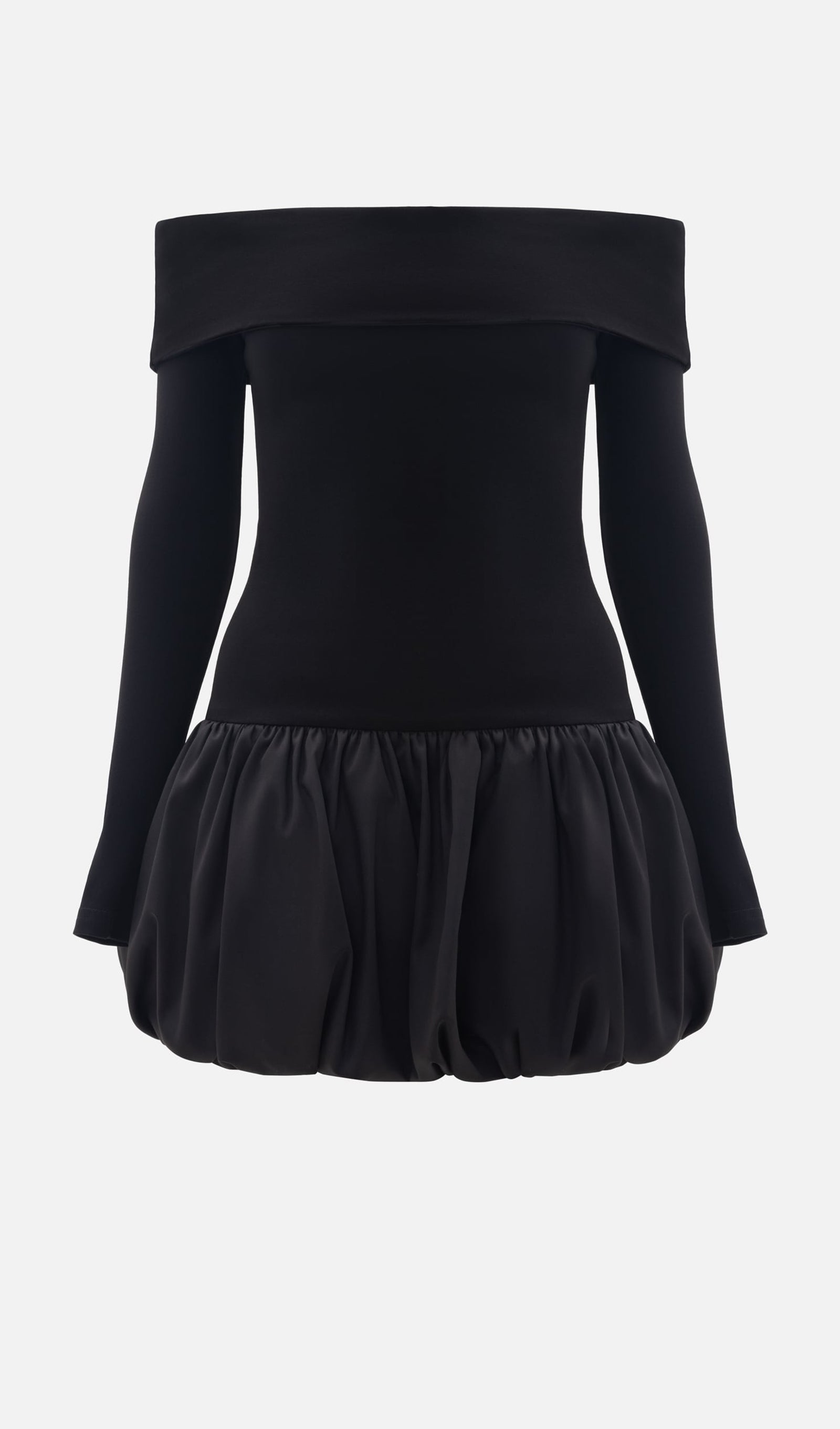 Açık Omuzlu Balon Mini Elbise-Siyah