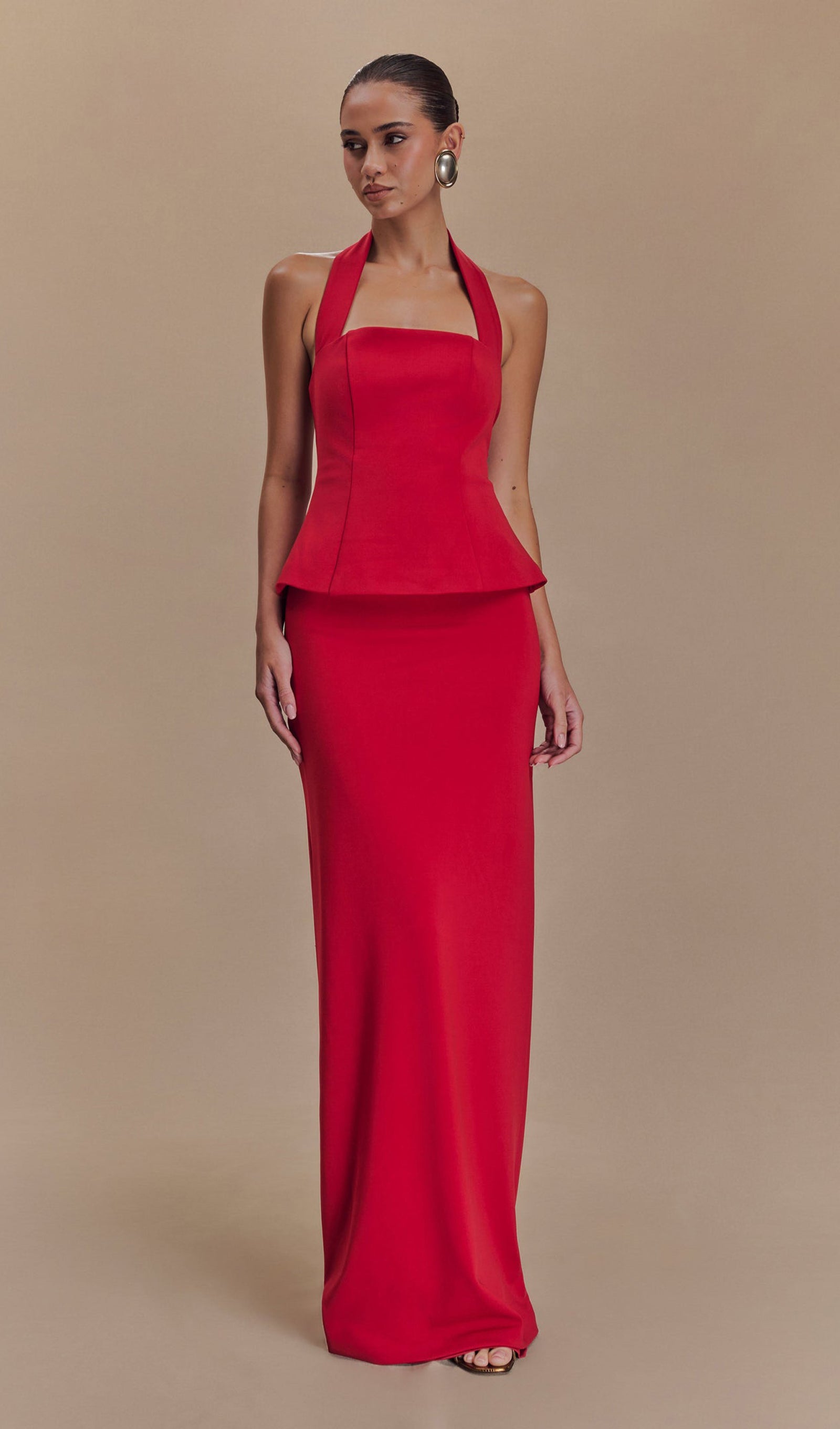 Ruby Peplum Halter Uzun Elbise