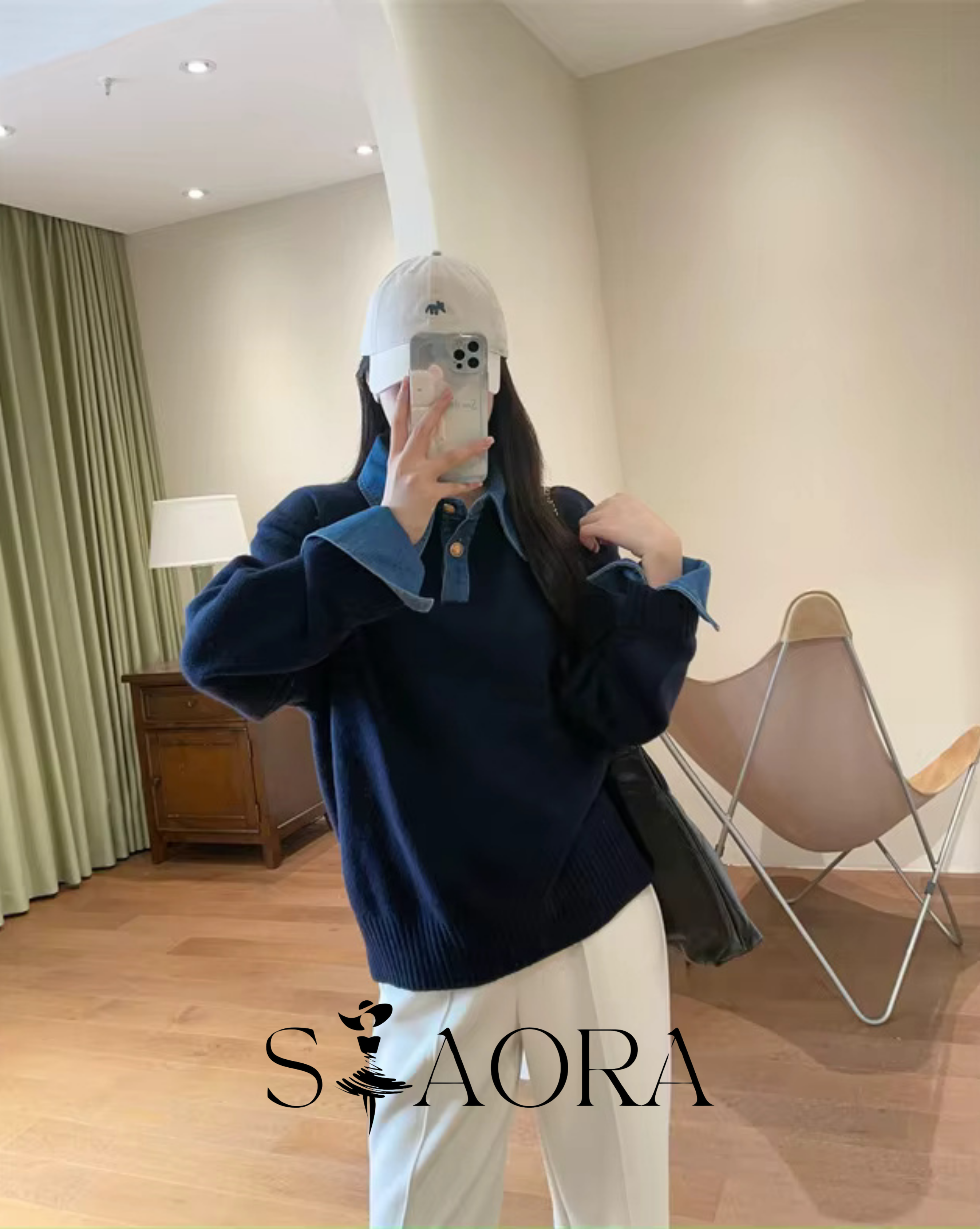 Denim Detaylı Triko Kazak
