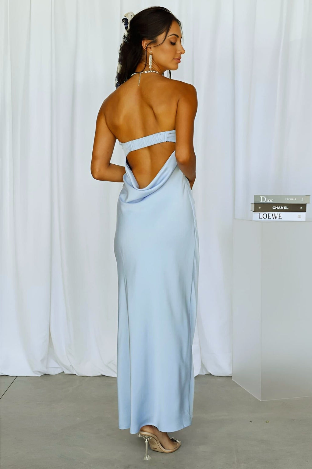 Bebek Mavisi Straplez Saten Uzun Elbise