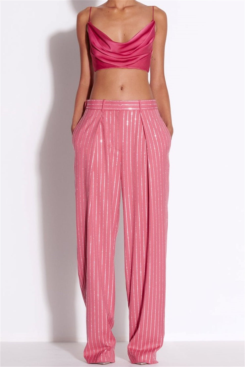 Alina Kristal Çizgili Blazer Takım – Pembe