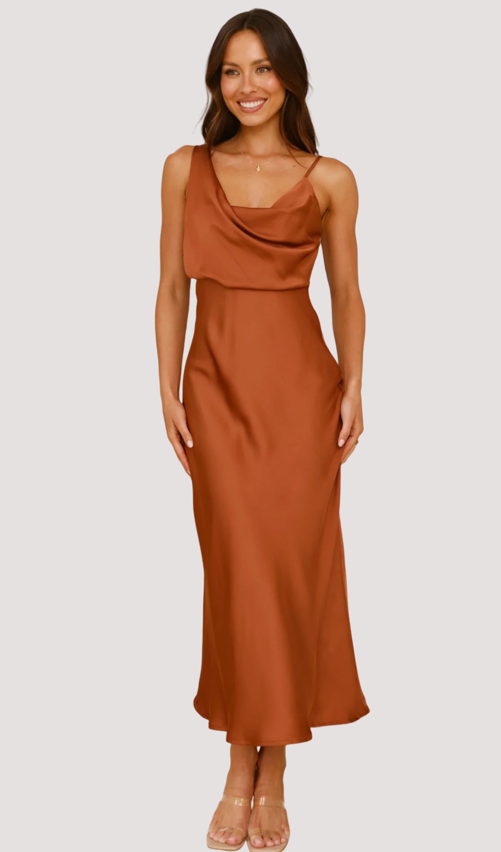 Kahverengi Asimetrik Kolsuz Saten Uzun Elbise