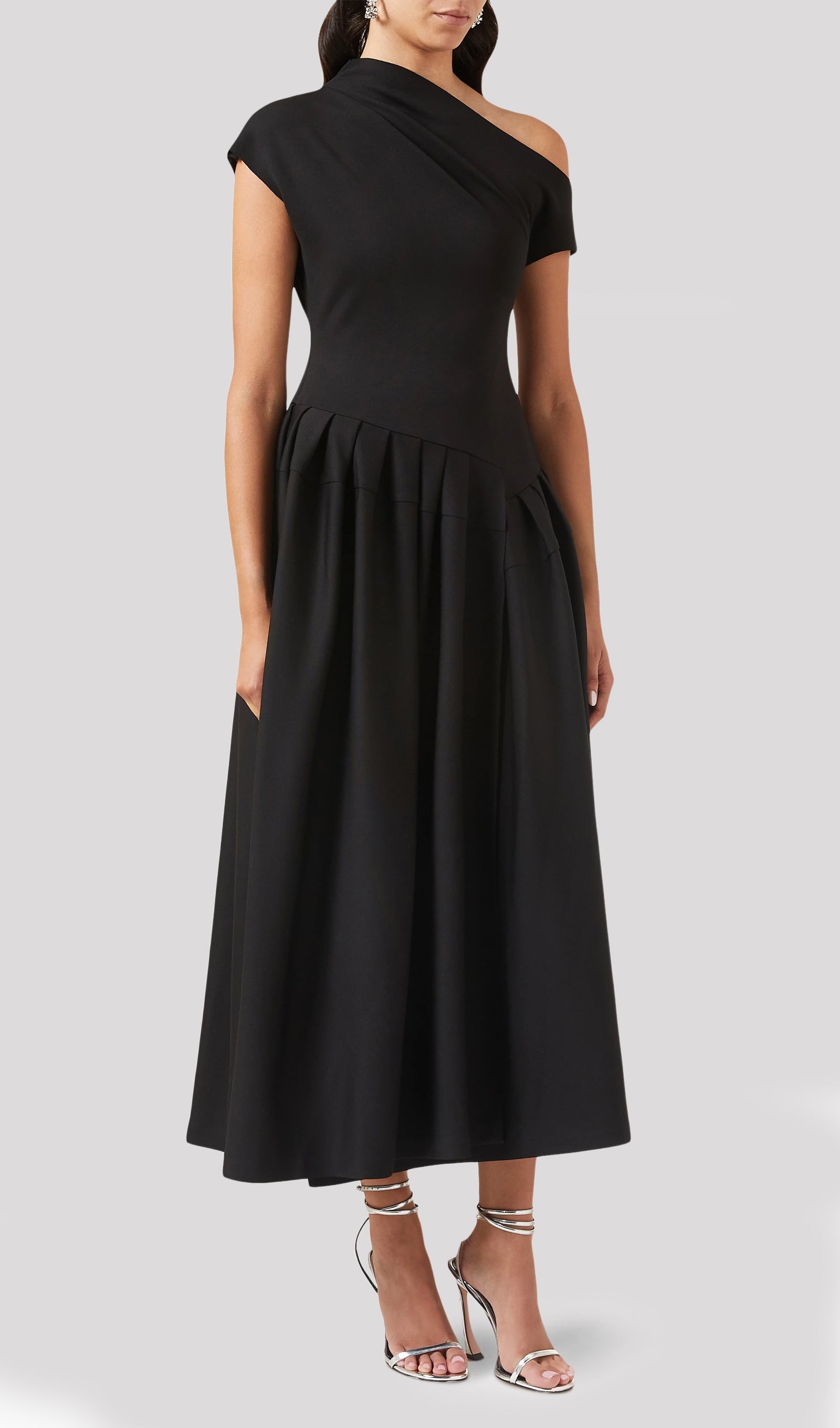 Siyah Asimetri Tek Omuzlu Midi Jersey Elbise