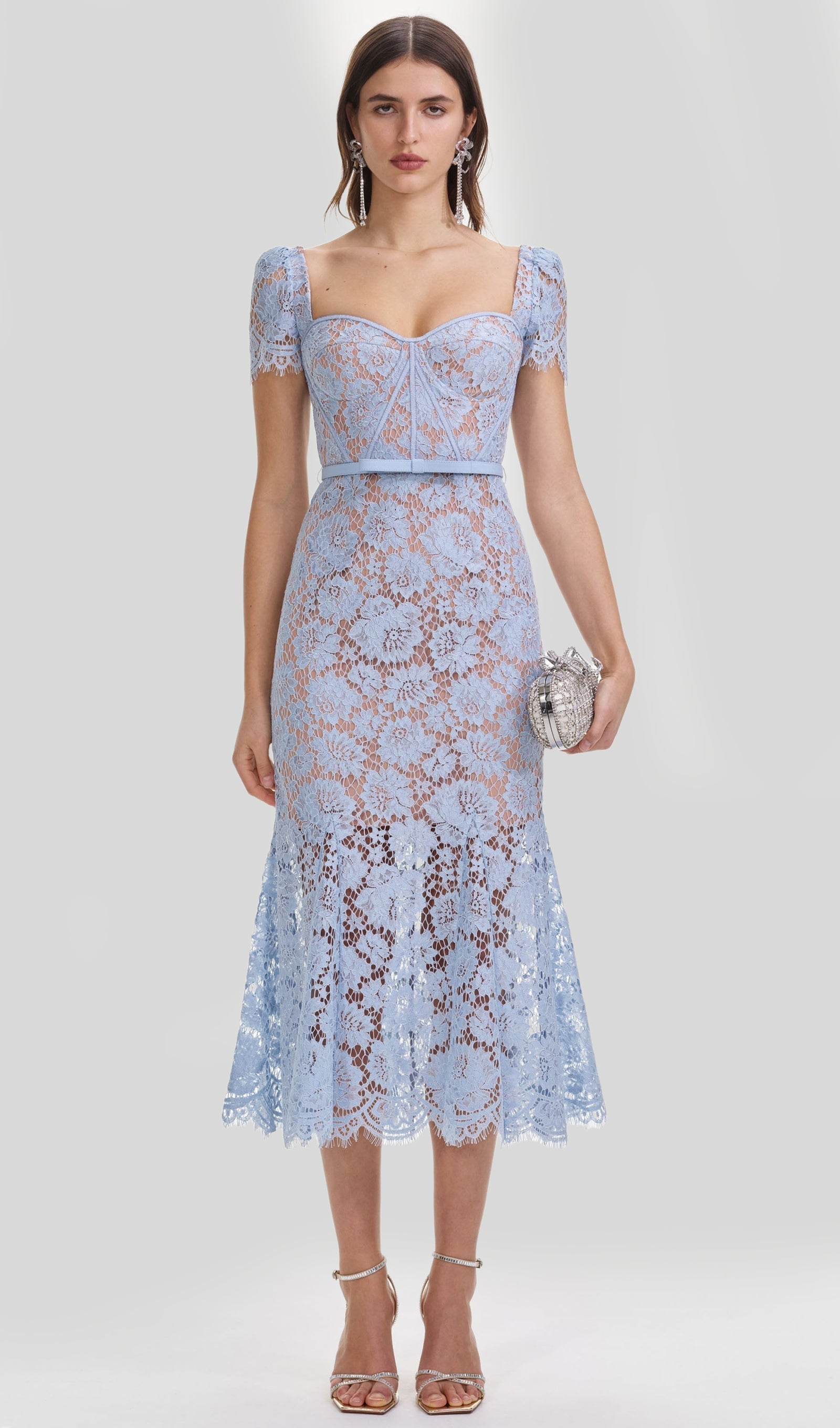 Kemerli Kordonlu Dantel Midi Elbise