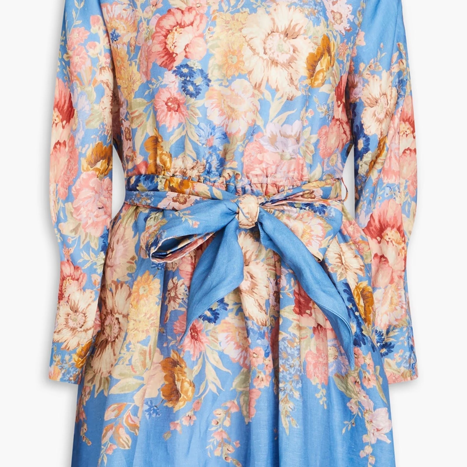 Kemerli Çiçek Desenli Keten Mini Elbise